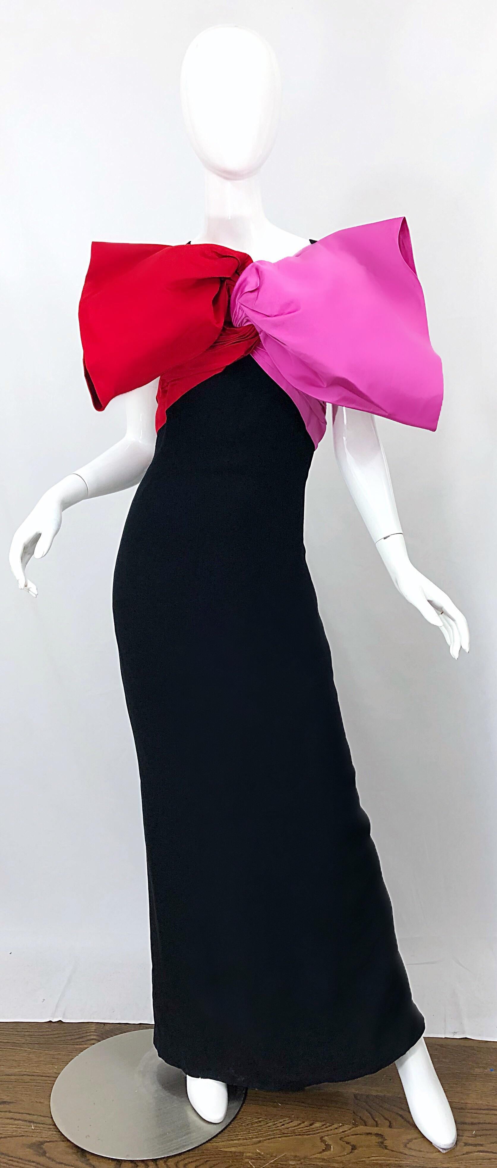 1980s Bill Blass Couture Size 6 Avant Garde Pink Red Black Vintage 80s Bow Gown  5