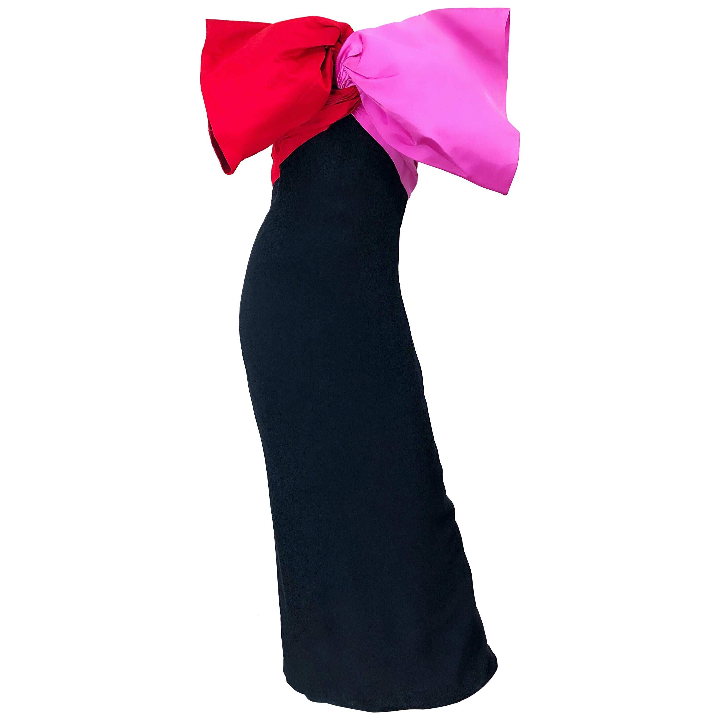1980s Bill Blass Couture Size 6 Avant Garde Pink Red Black Vintage 80s Bow Gown 
