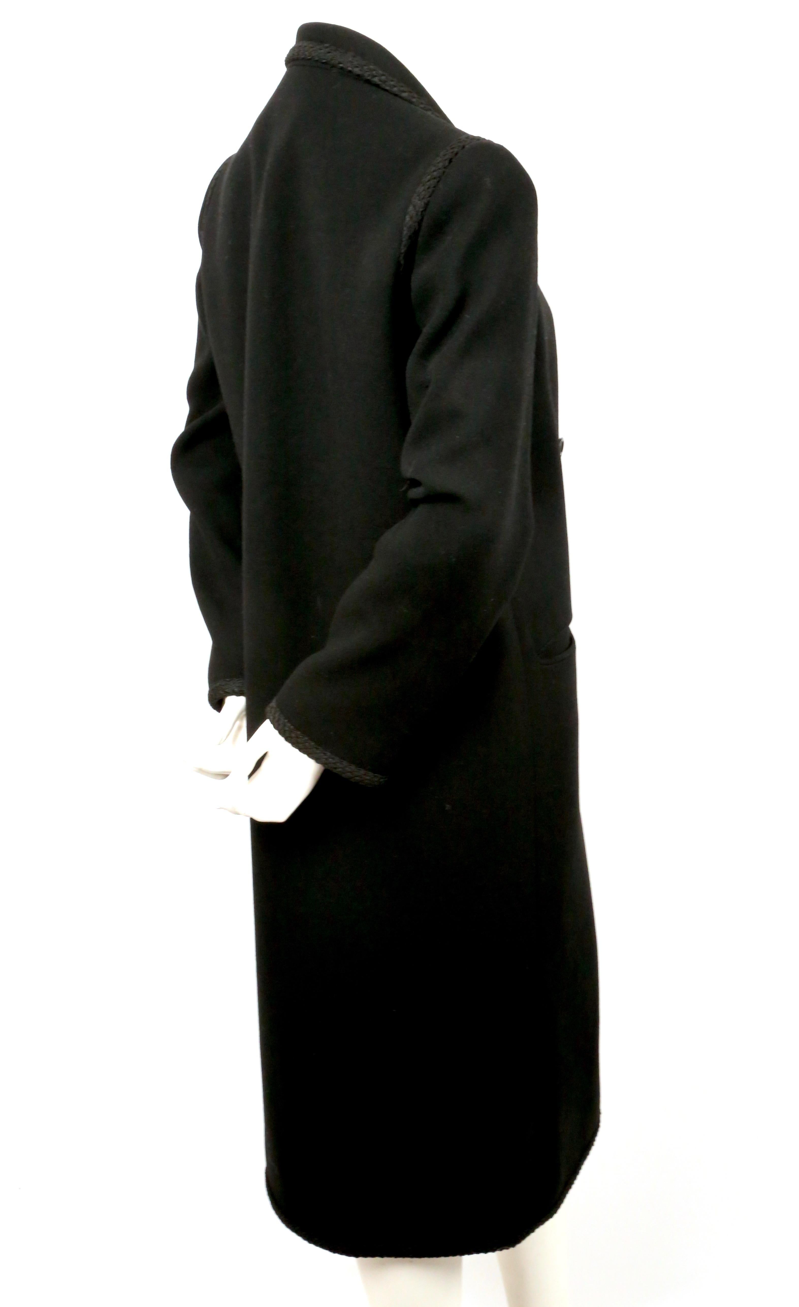 Black 1980's BILL BLASS double breasted wool coat with cord trim For Sale