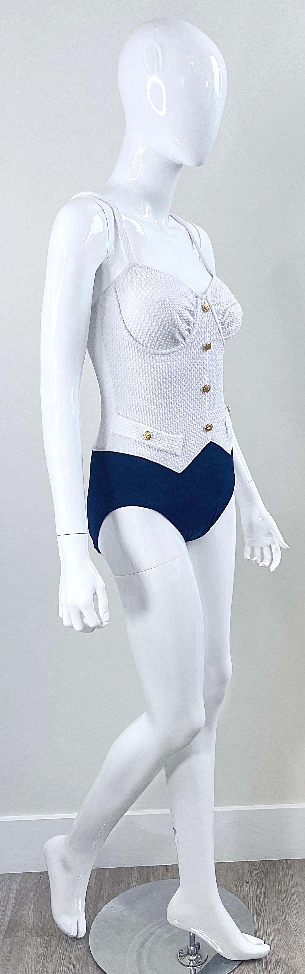 1980s Bill Blass Navy Blue and White Vintage 80s One Piece Swimsuit Bodysuit For Sale 5
