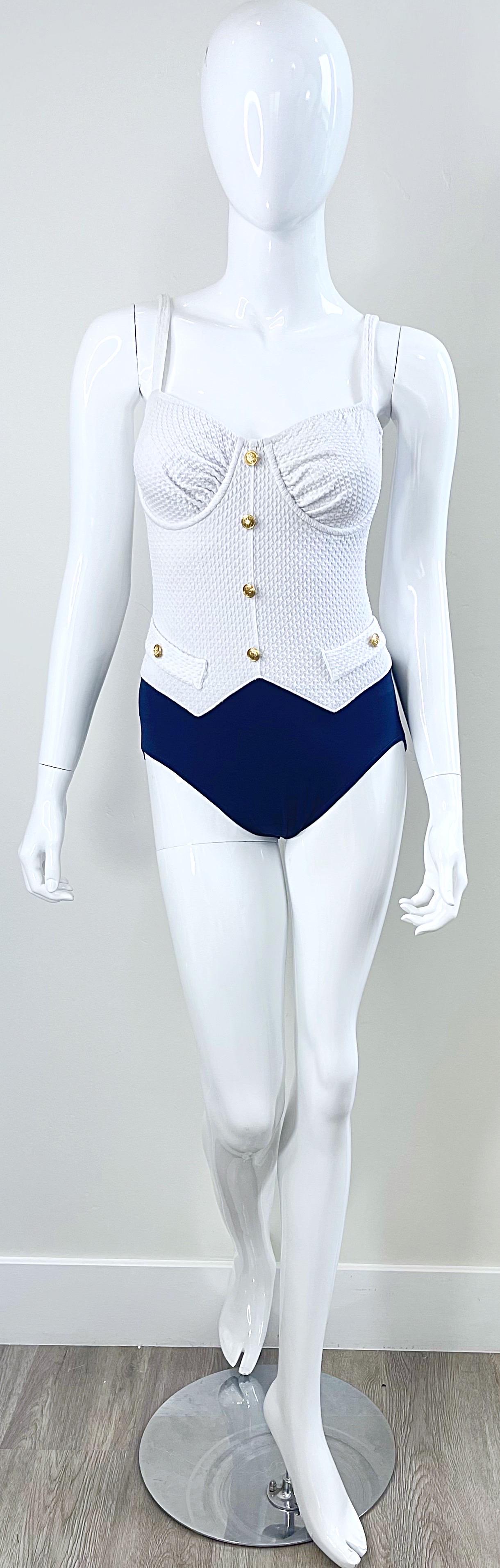 1980s Bill Blass Navy Blue and White Vintage 80s One Piece Swimsuit Bodysuit For Sale 6