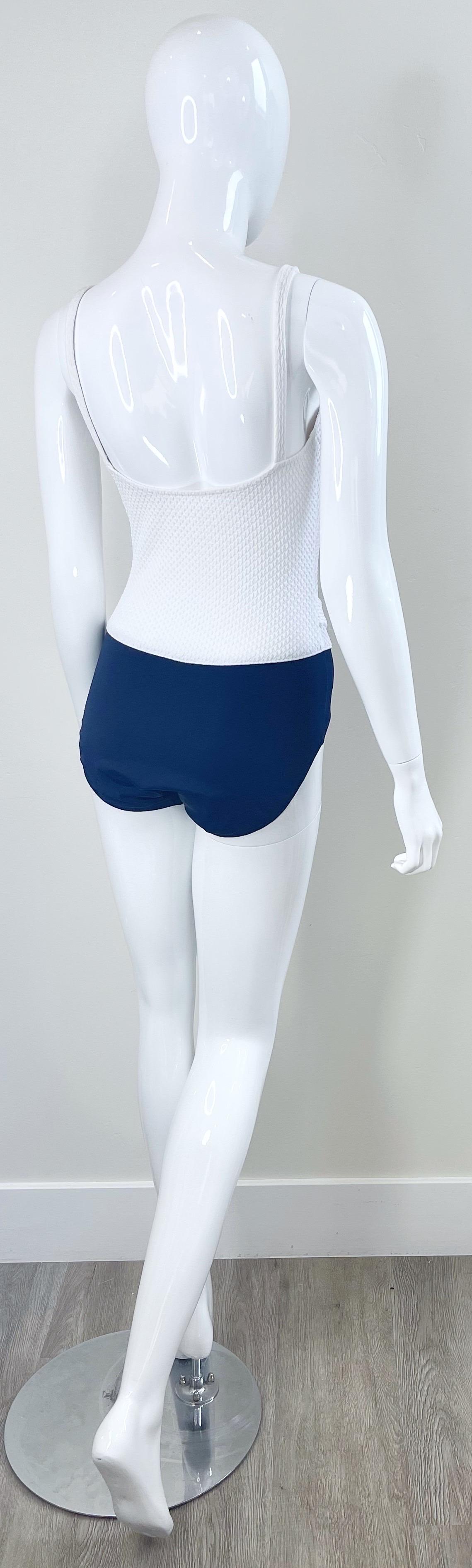 1980s Bill Blass Navy Blue and White Vintage 80s One Piece Swimsuit Bodysuit For Sale 7