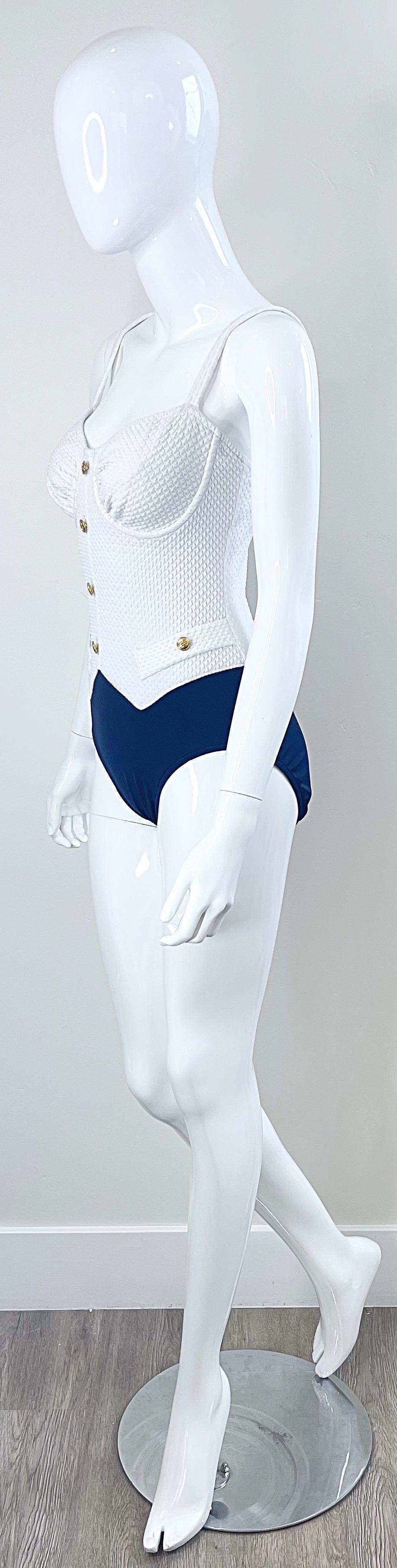 1980s Bill Blass Navy Blue and White Vintage 80s One Piece Swimsuit Bodysuit For Sale 8
