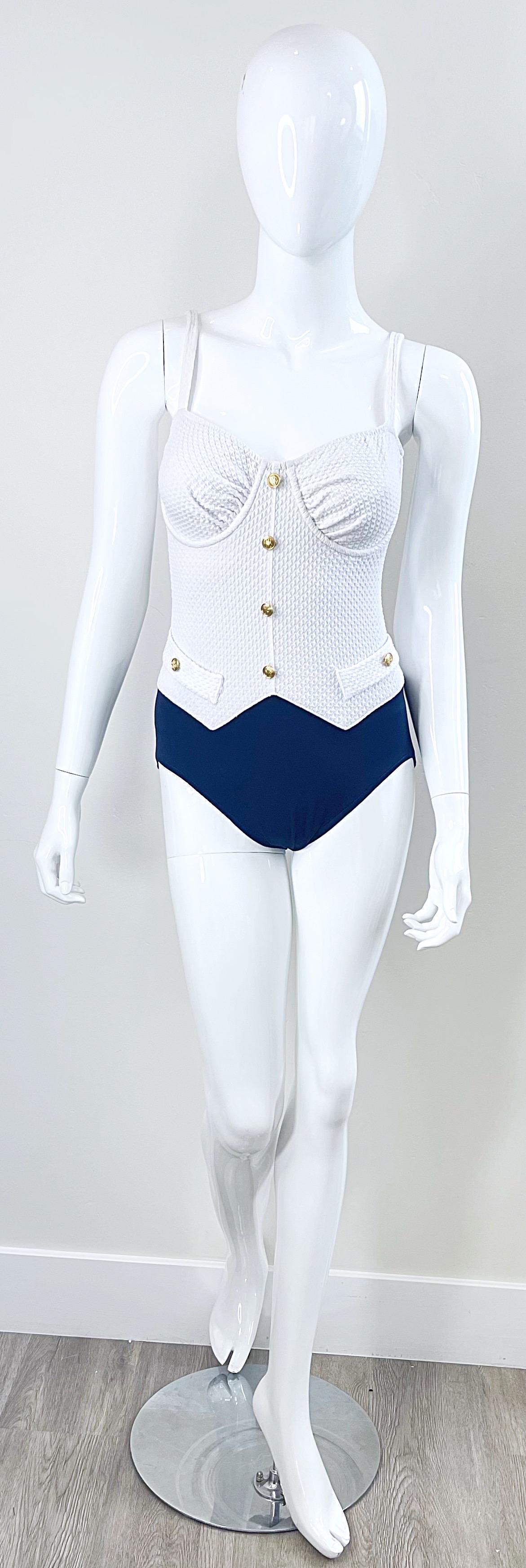 1980s Bill Blass Navy Blue and White Vintage 80s One Piece Swimsuit Bodysuit For Sale 10
