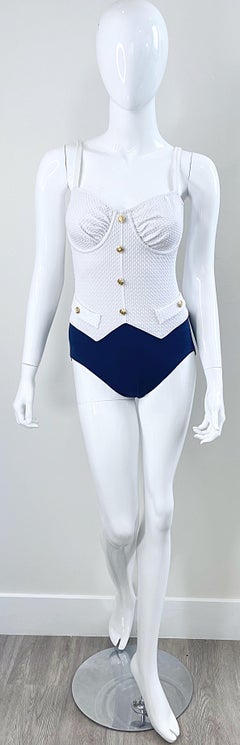 1980s Bill Blass Navy Blue and White Vintage 80s One Piece Swimsuit Bodysuit