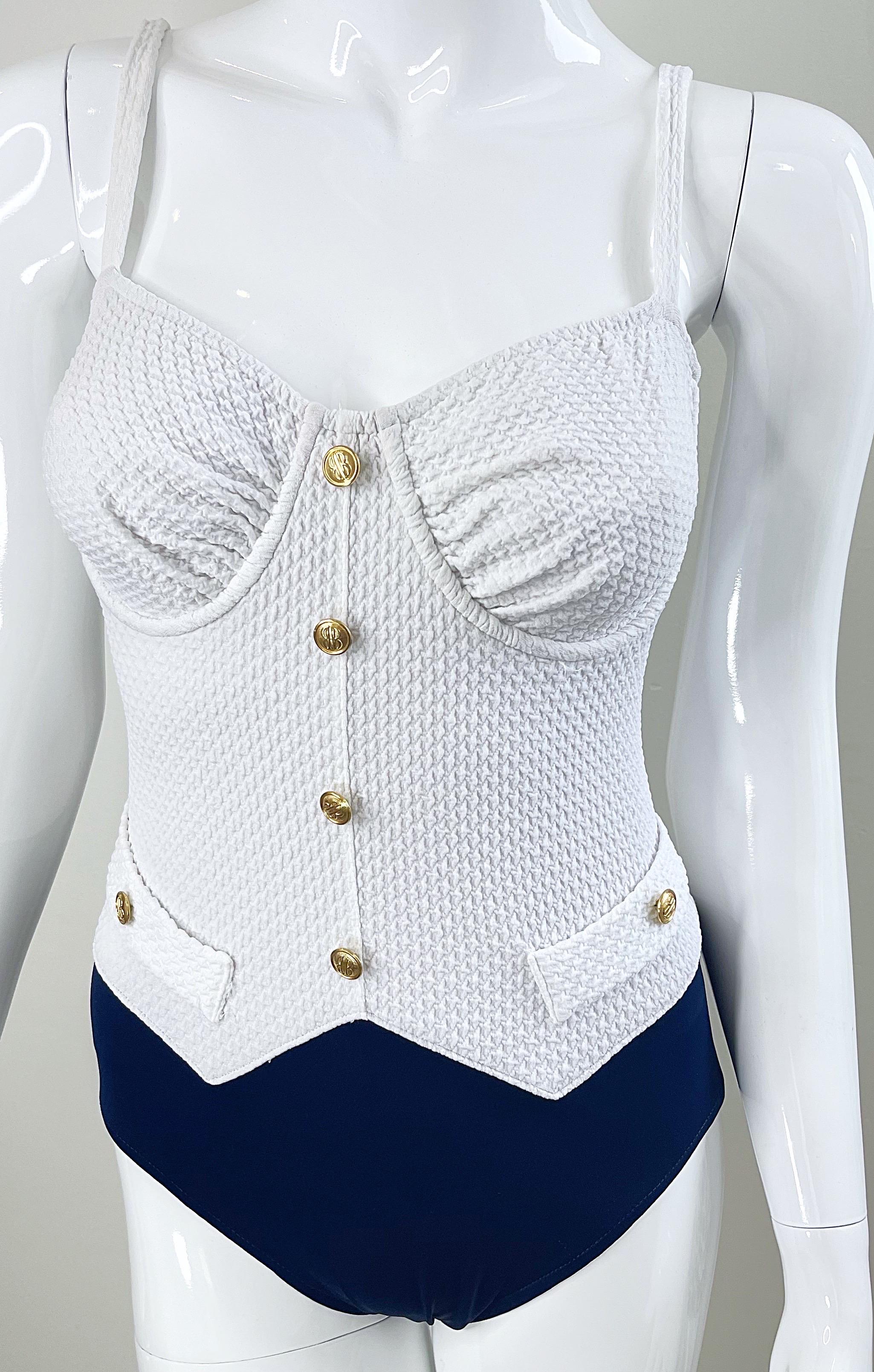 1980s Bill Blass Navy Blue and White Vintage 80s One Piece Swimsuit Bodysuit Pour femmes en vente