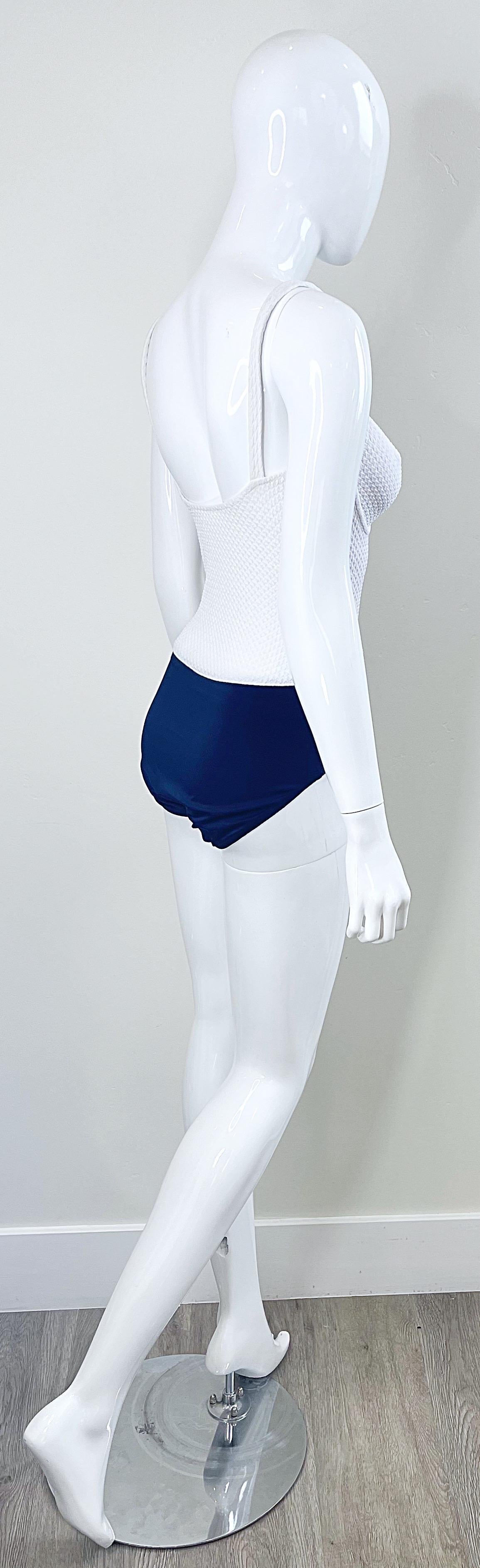 1980s Bill Blass Navy Blue and White Vintage 80s One Piece Swimsuit Bodysuit en vente 1
