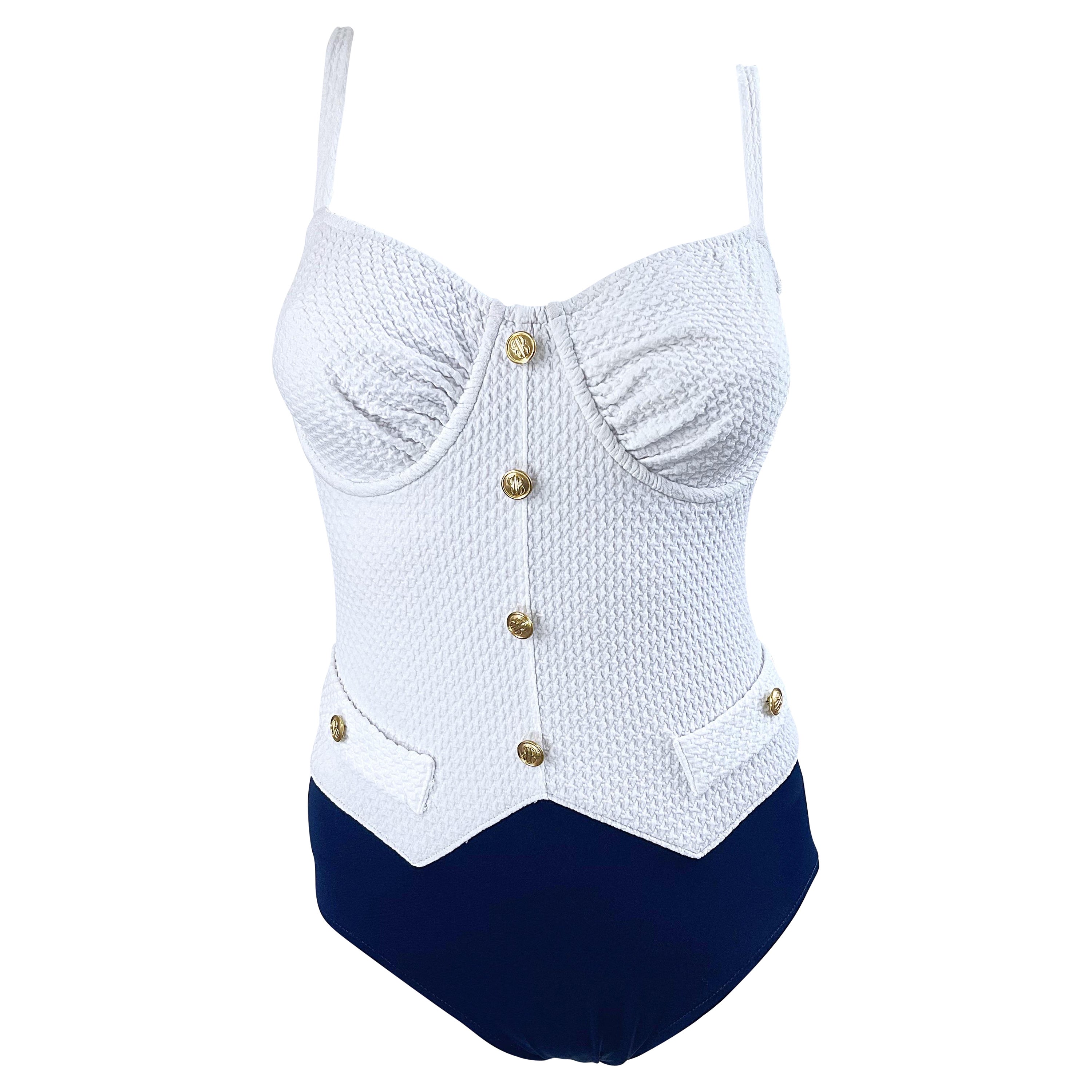 1980er Bill Blass Marineblauer und weißer Vintage-Bodysuit in Badeanzug, 80er Jahre