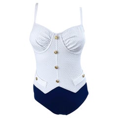 1980er Bill Blass Marineblauer und weißer Vintage-Bodysuit in Badeanzug, 80er Jahre