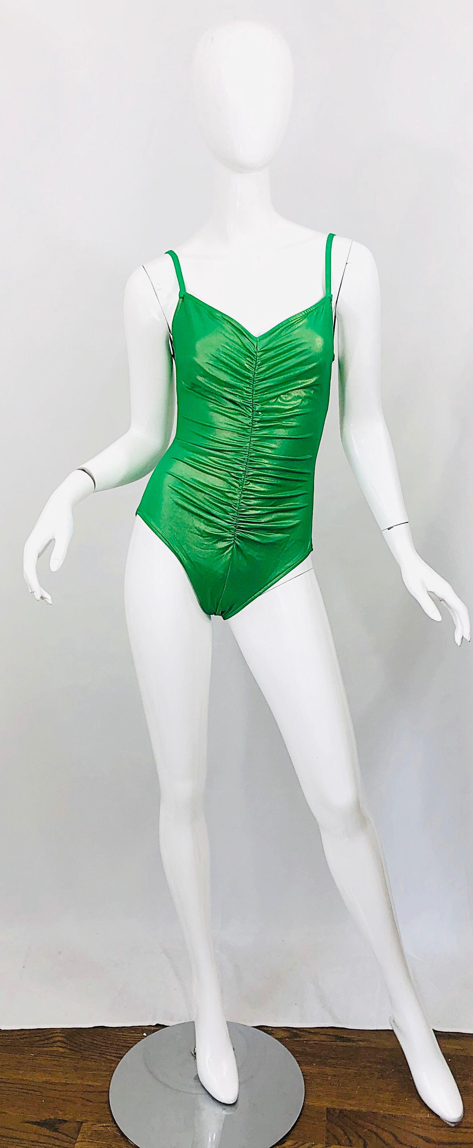 1980s Bill Blass Neon Green One Piece Ruched Vintage 80s Swimsuit / Bodysuit 6