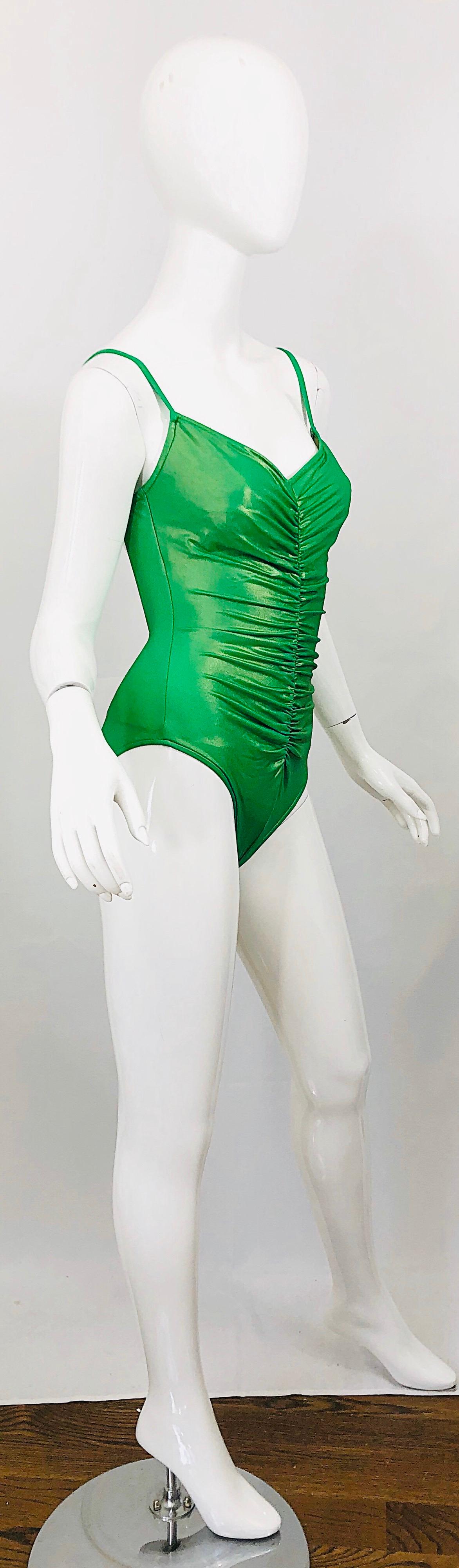 1980s Bill Blass Neon Green One Piece Ruched Vintage 80s Swimsuit / Bodysuit In Excellent Condition In San Diego, CA