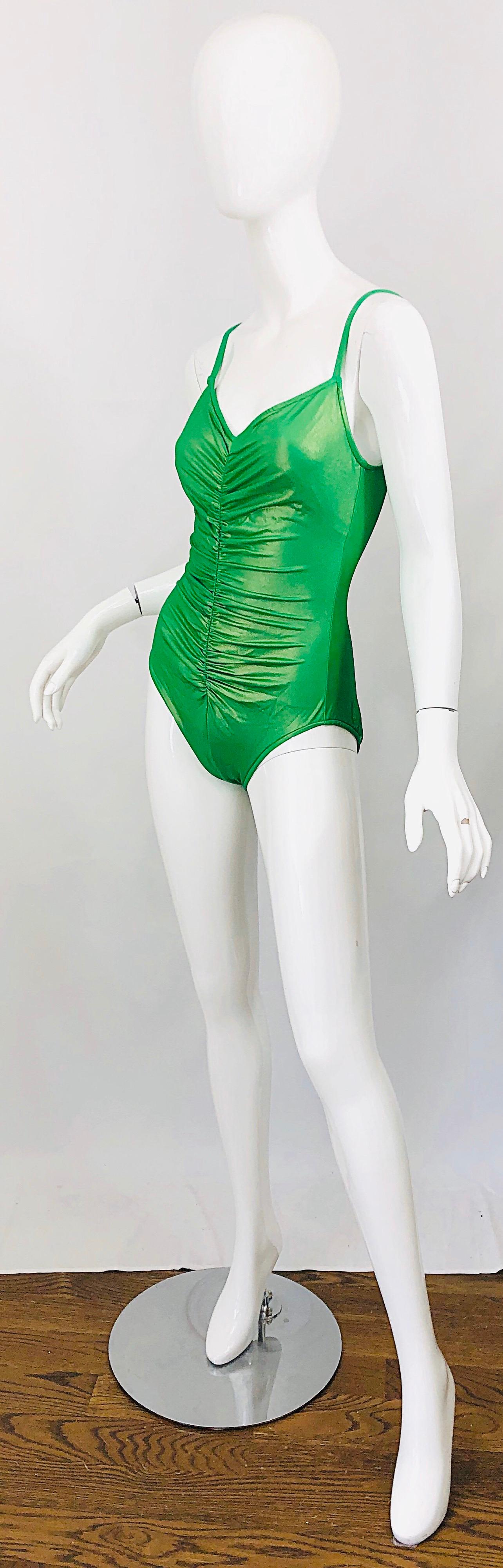 1980s Bill Blass Neon Green One Piece Ruched Vintage 80s Swimsuit / Bodysuit 2