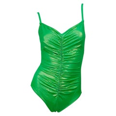 1980s Bill Blass Neon Green One Piece Ruched Vintage 80s Swimsuit / Bodysuit
