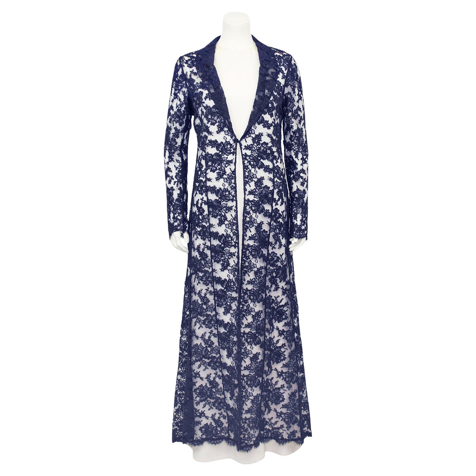 1980s Bill Blass Off White Gown and Navy Lace Evening Ensemble