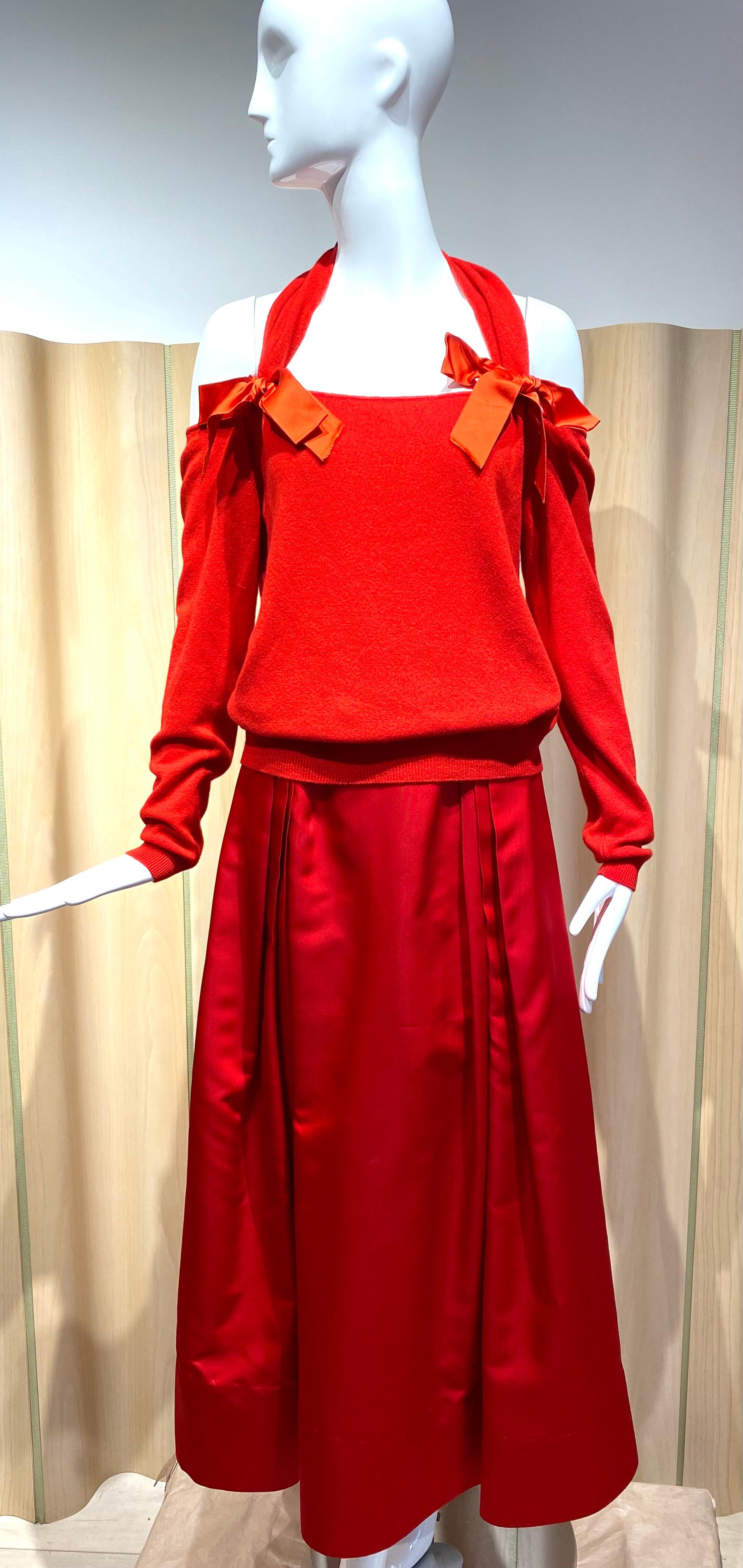 1980s Bill Blass Red Cashmere Sweater and Satin Skirt Set For Sale at ...