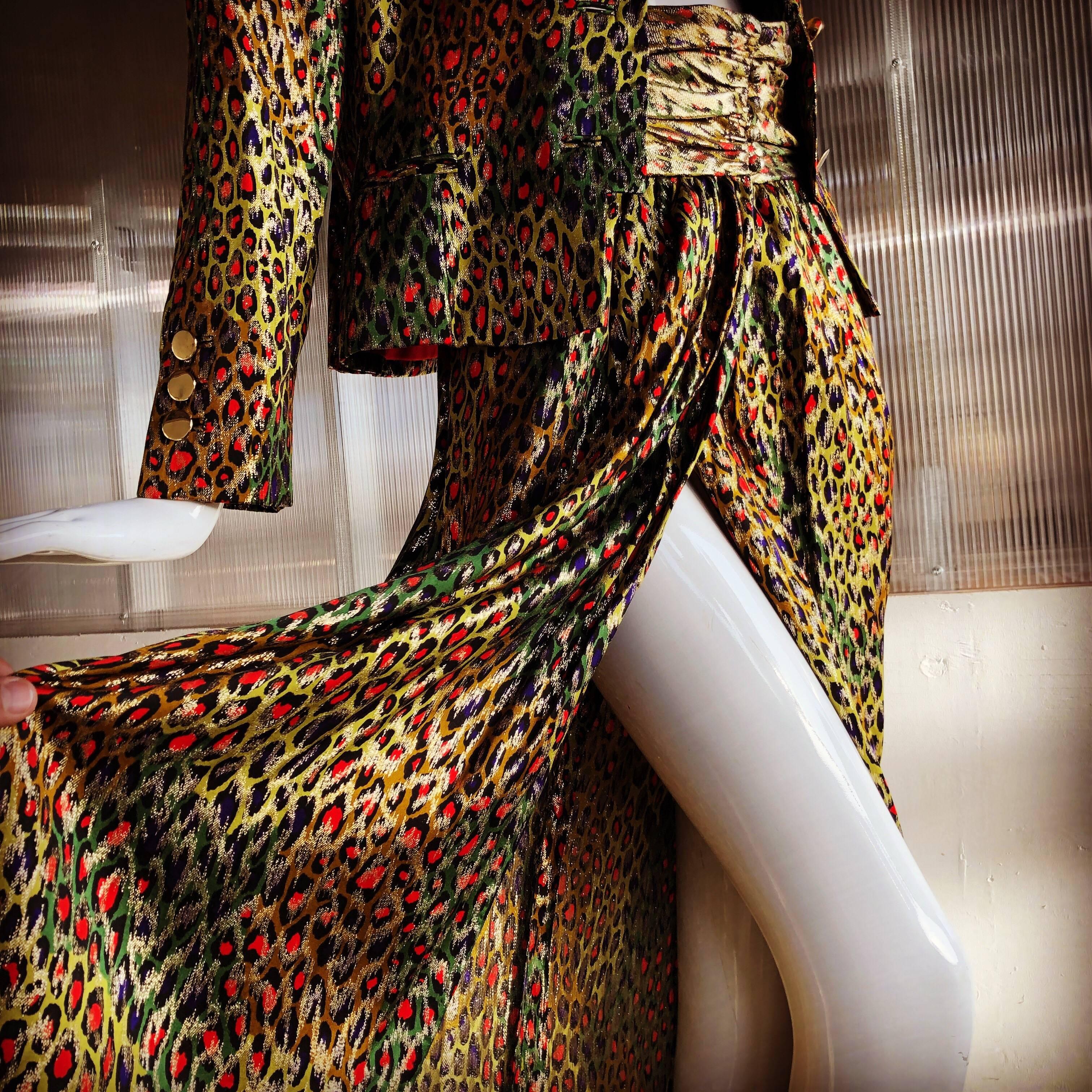 Bill Blass Silk Lame Op-Art Leopard Print Long Skirt and Suit Jacket, 1980s  For Sale 4