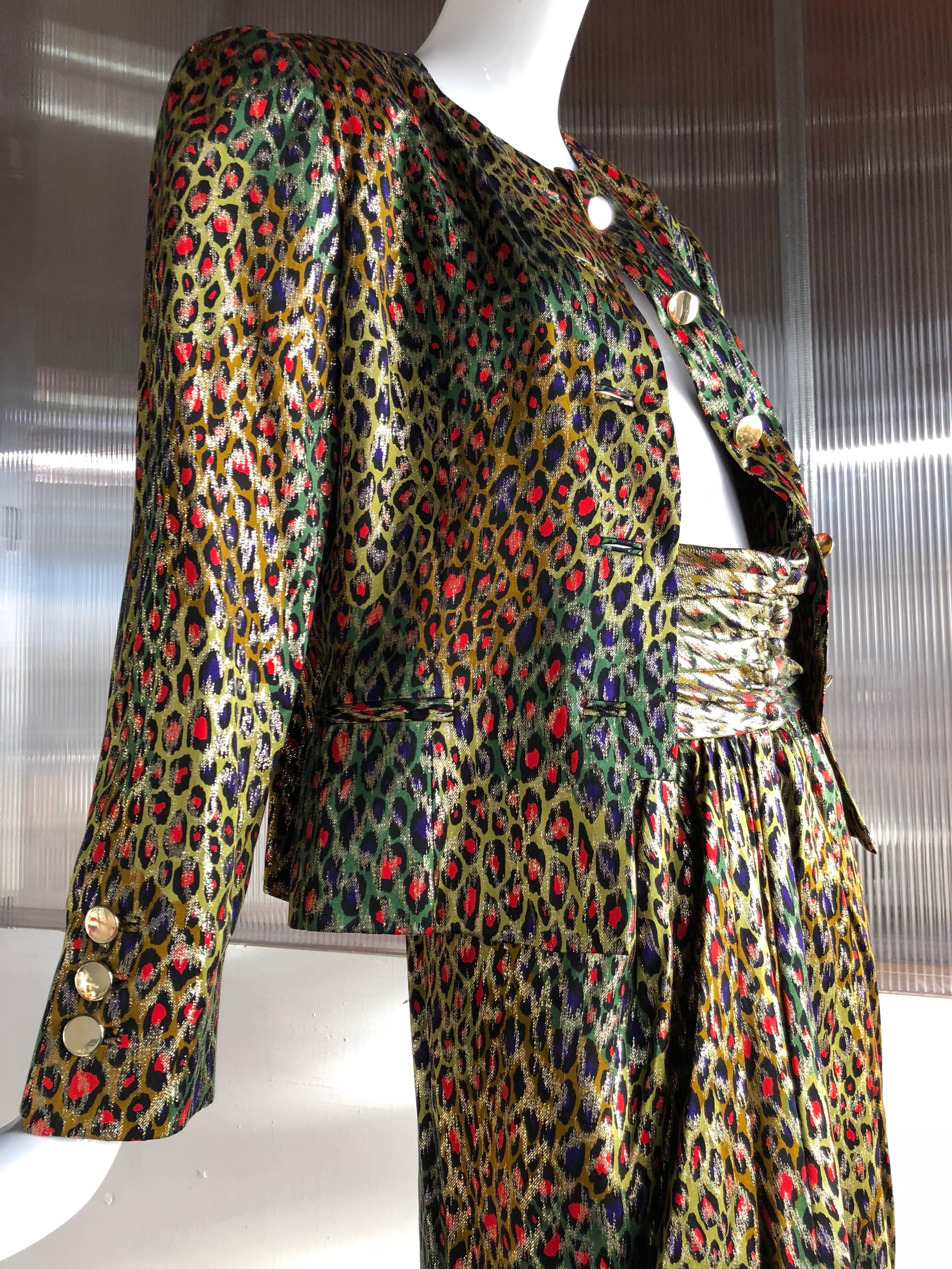 Black Bill Blass Silk Lame Op-Art Leopard Print Long Skirt and Suit Jacket, 1980s  For Sale