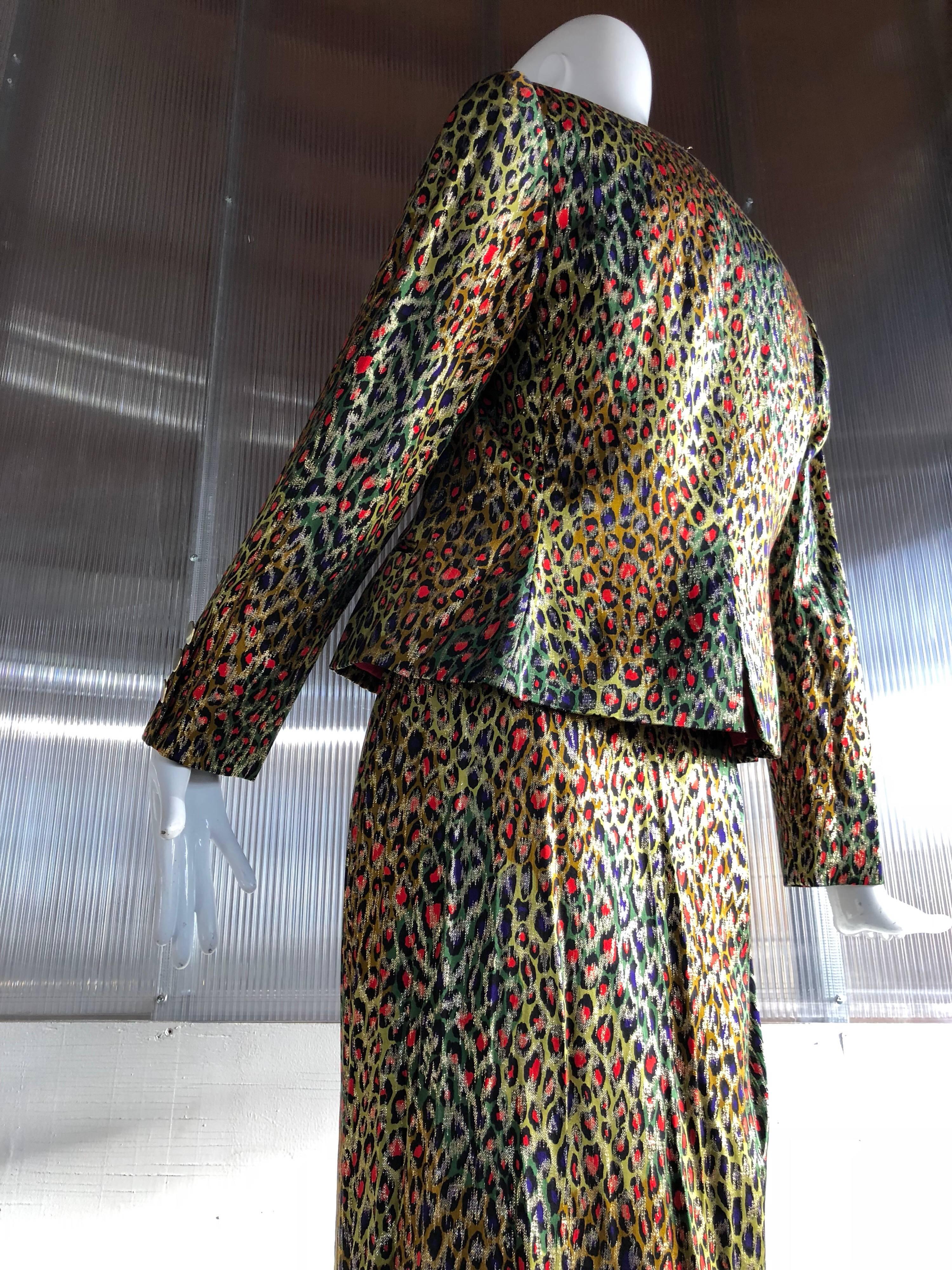 Bill Blass Silk Lame Op-Art Leopard Print Long Skirt and Suit Jacket, 1980s  For Sale 1