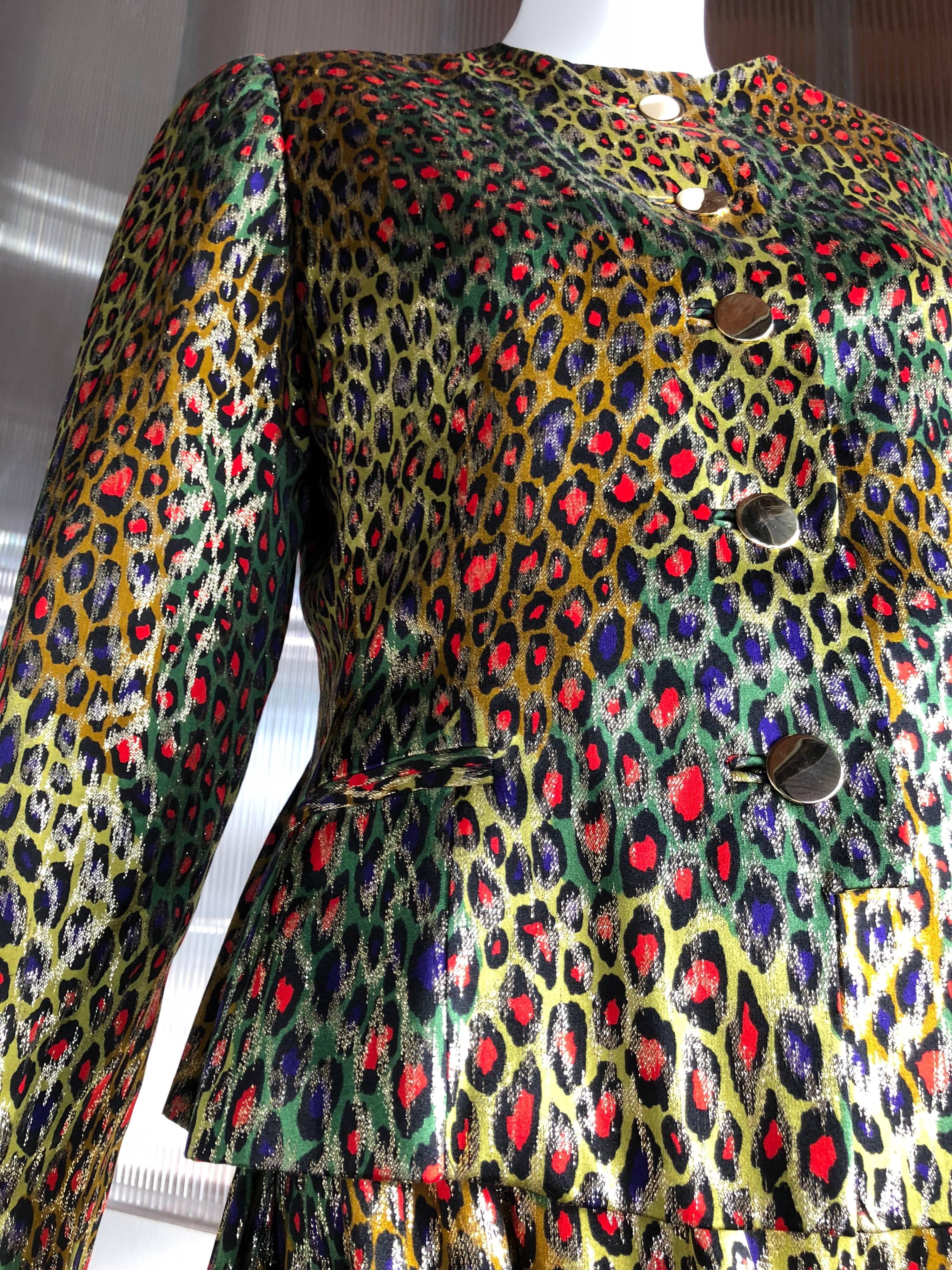 Bill Blass Silk Lame Op-Art Leopard Print Long Skirt and Suit Jacket, 1980s  For Sale 2