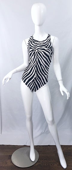 1980s Bill Blass Sz 12 14 Zebra Print Black White One Piece Swimsuit / Bodysuit