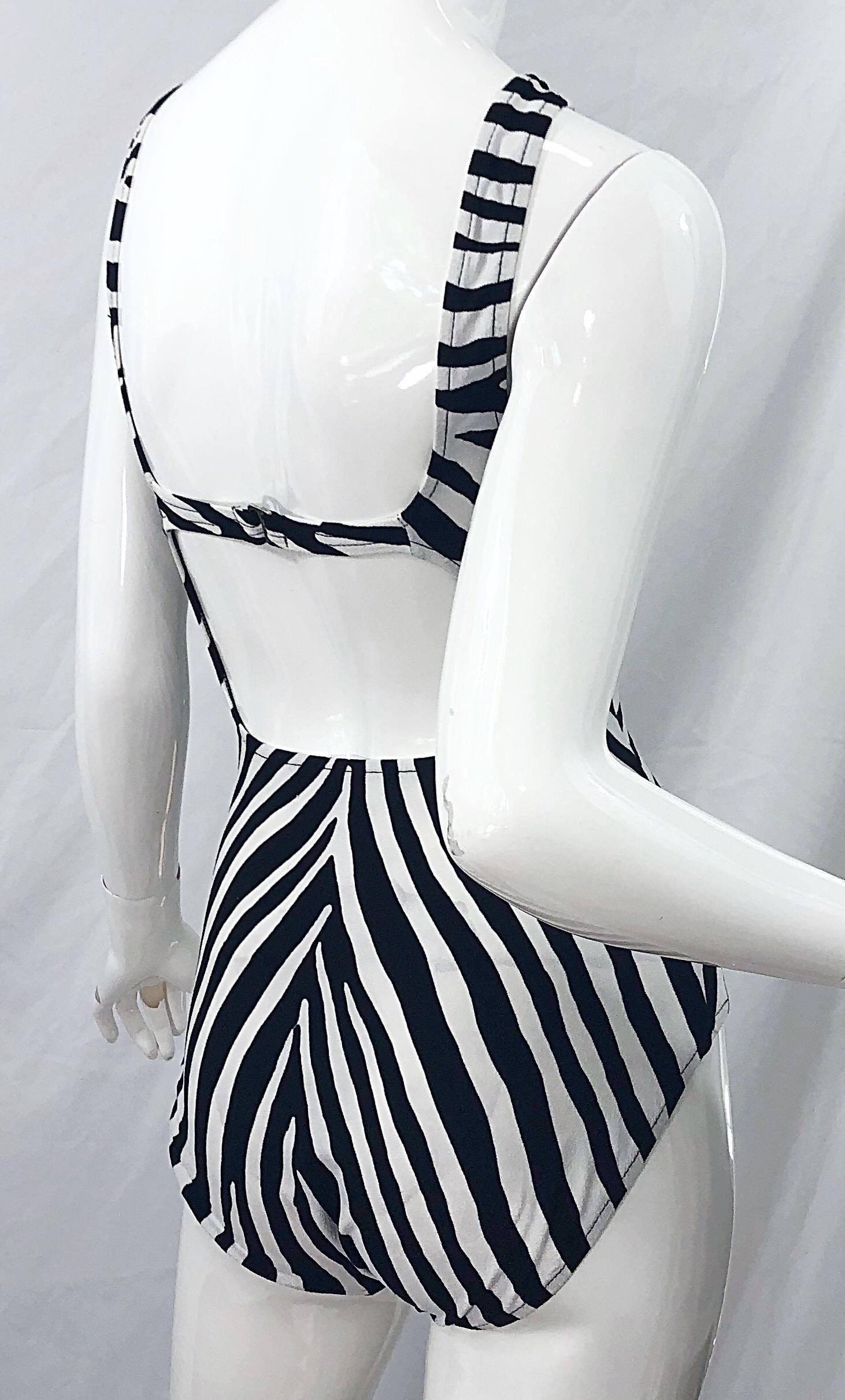 1980s Bill Blass Sz 12 14 Zebra Print Black White One Piece Swimsuit / Bodysuit  In Excellent Condition For Sale In San Diego, CA