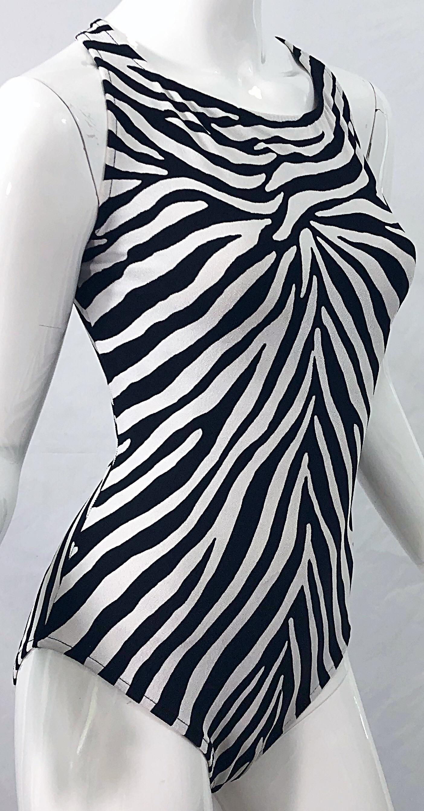 Women's 1980s Bill Blass Sz 12 14 Zebra Print Black White One Piece Swimsuit / Bodysuit  For Sale