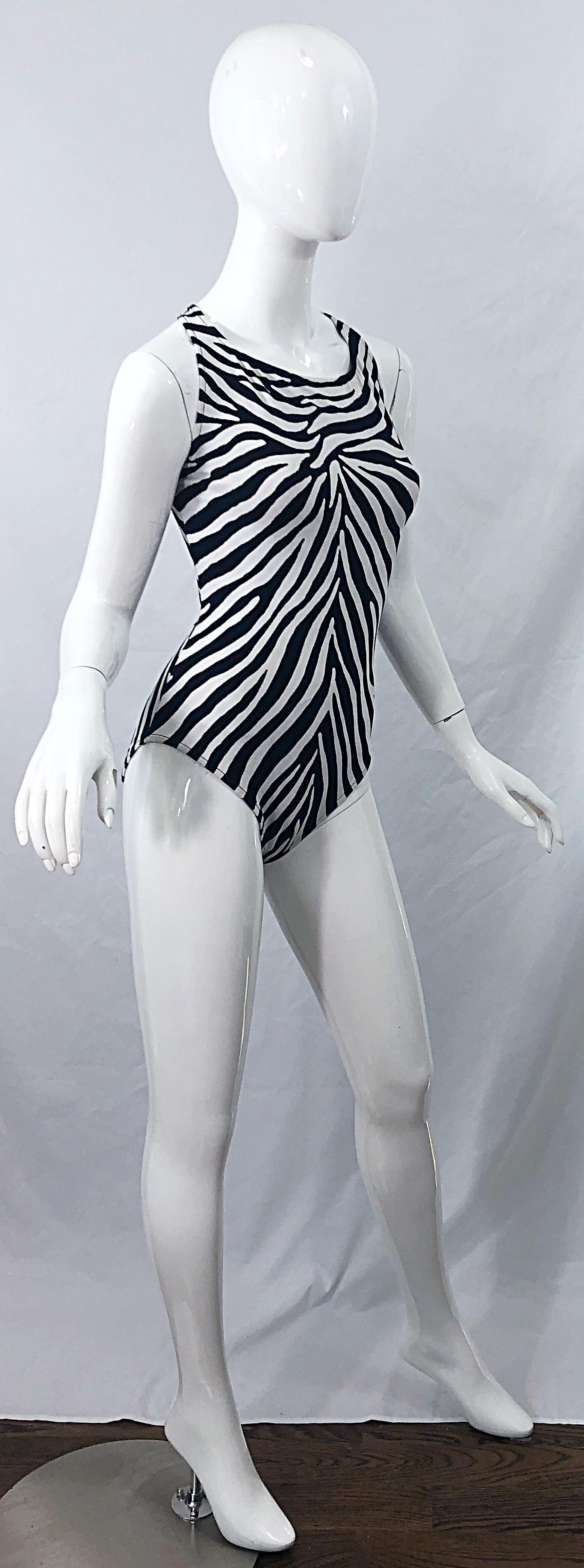 1980s Bill Blass Sz 12 14 Zebra Print Black White One Piece Swimsuit / Bodysuit  For Sale 1