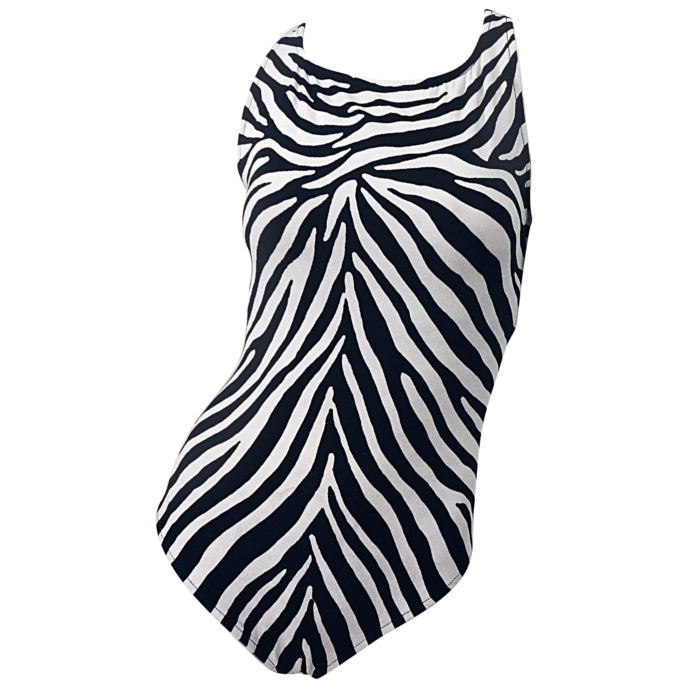 1980s Bill Blass Sz 12 14 Zebra Print Black White One Piece Swimsuit / Bodysuit 