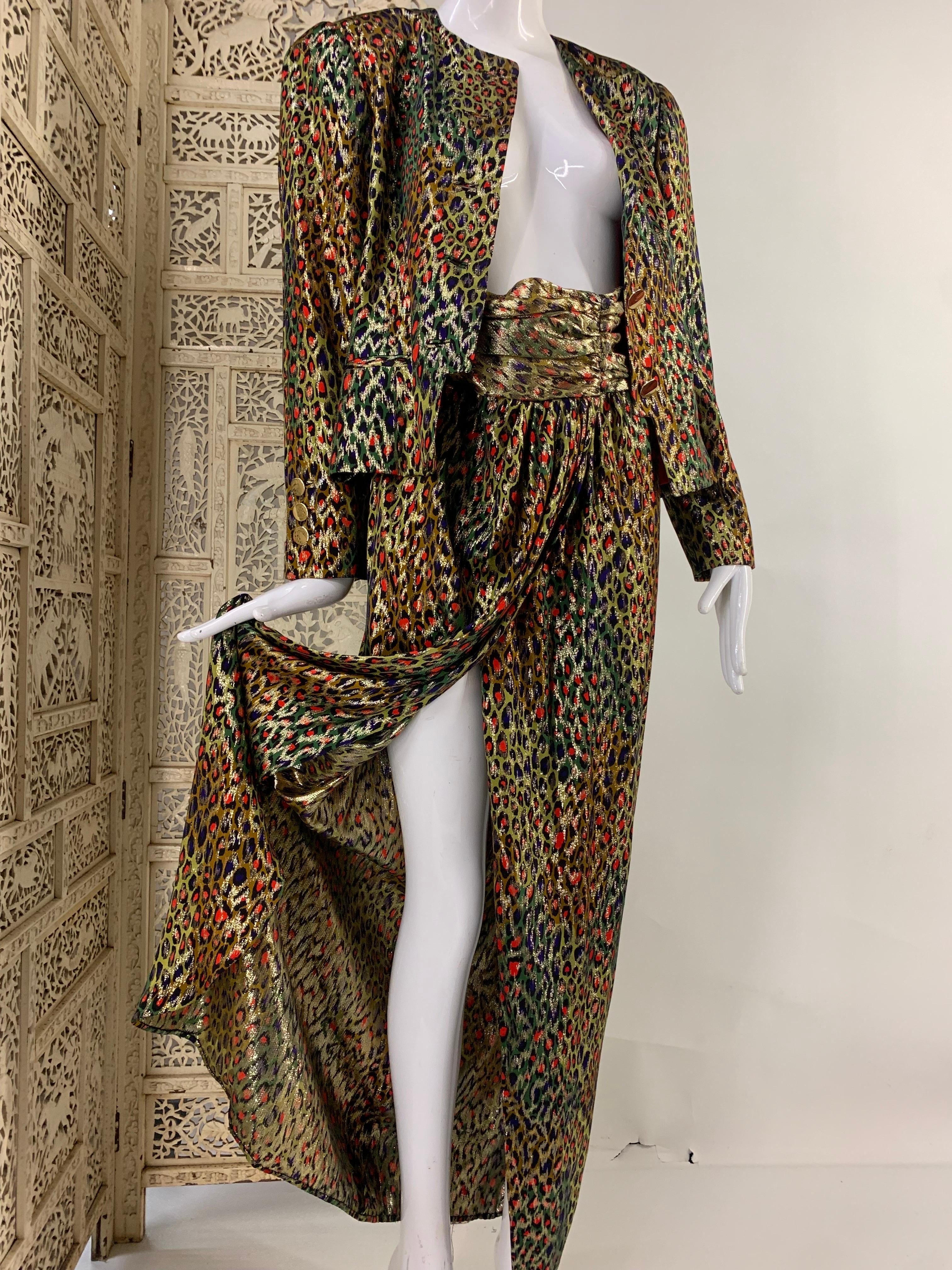 1980s Bill Blass Stylized Gold Lame Leopard Evening Sarong Style Skirt Suit For Sale 9