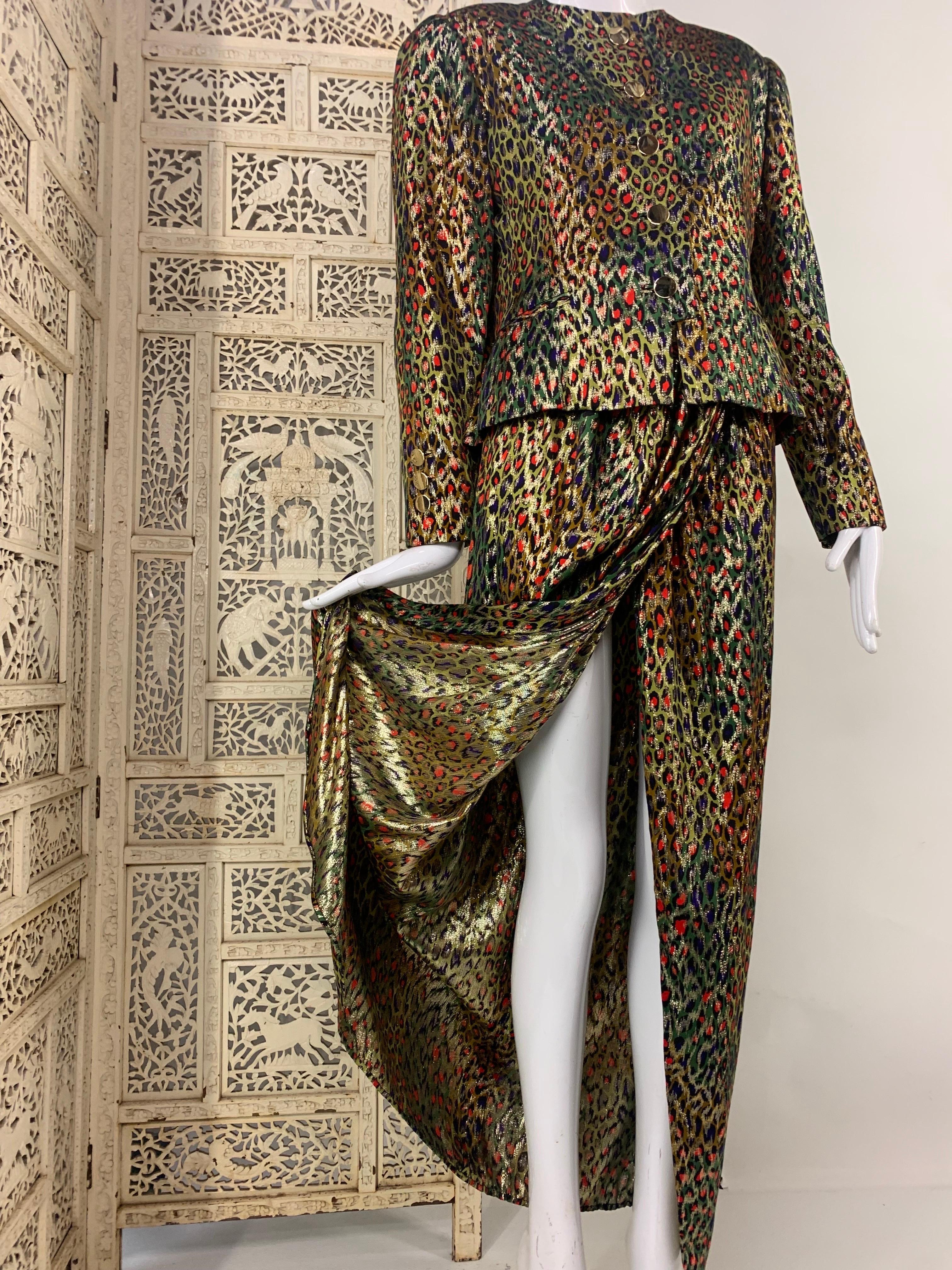 1980s Bill Blass Stylized Gold Lame Leopard Evening Sarong Style Skirt Suit For Sale 2