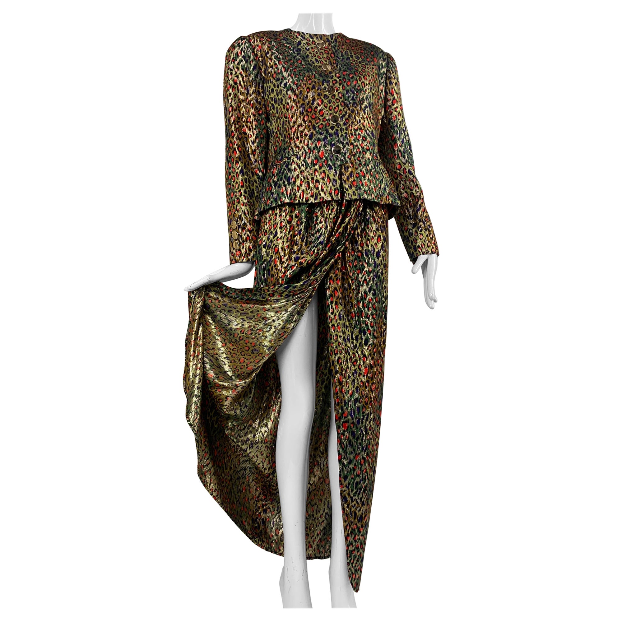 Costume jupe de soirée style sarong stylisé léopard lamé doré Bill Blass des années 1980