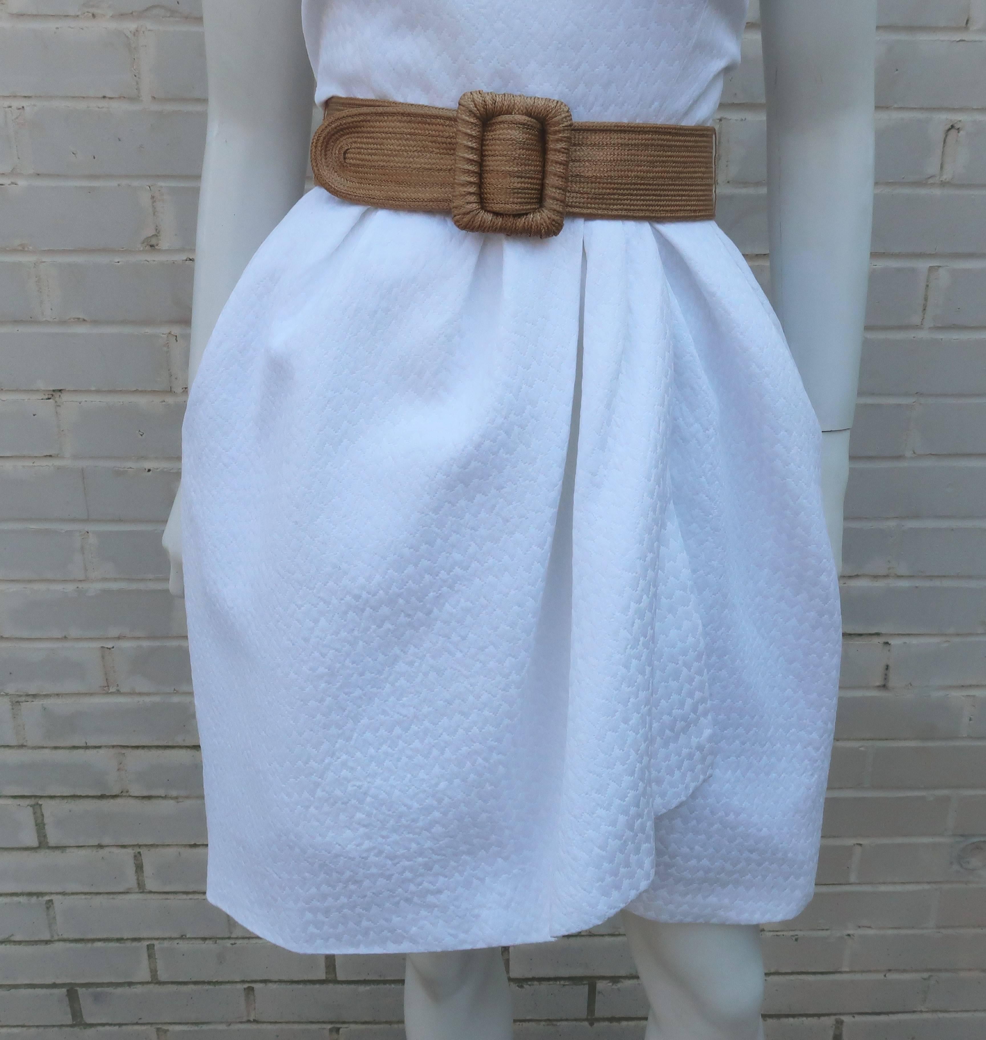 1980's Bill Blass White Pique Style Dress With Tulip Skirt Silhouette In Excellent Condition In Atlanta, GA