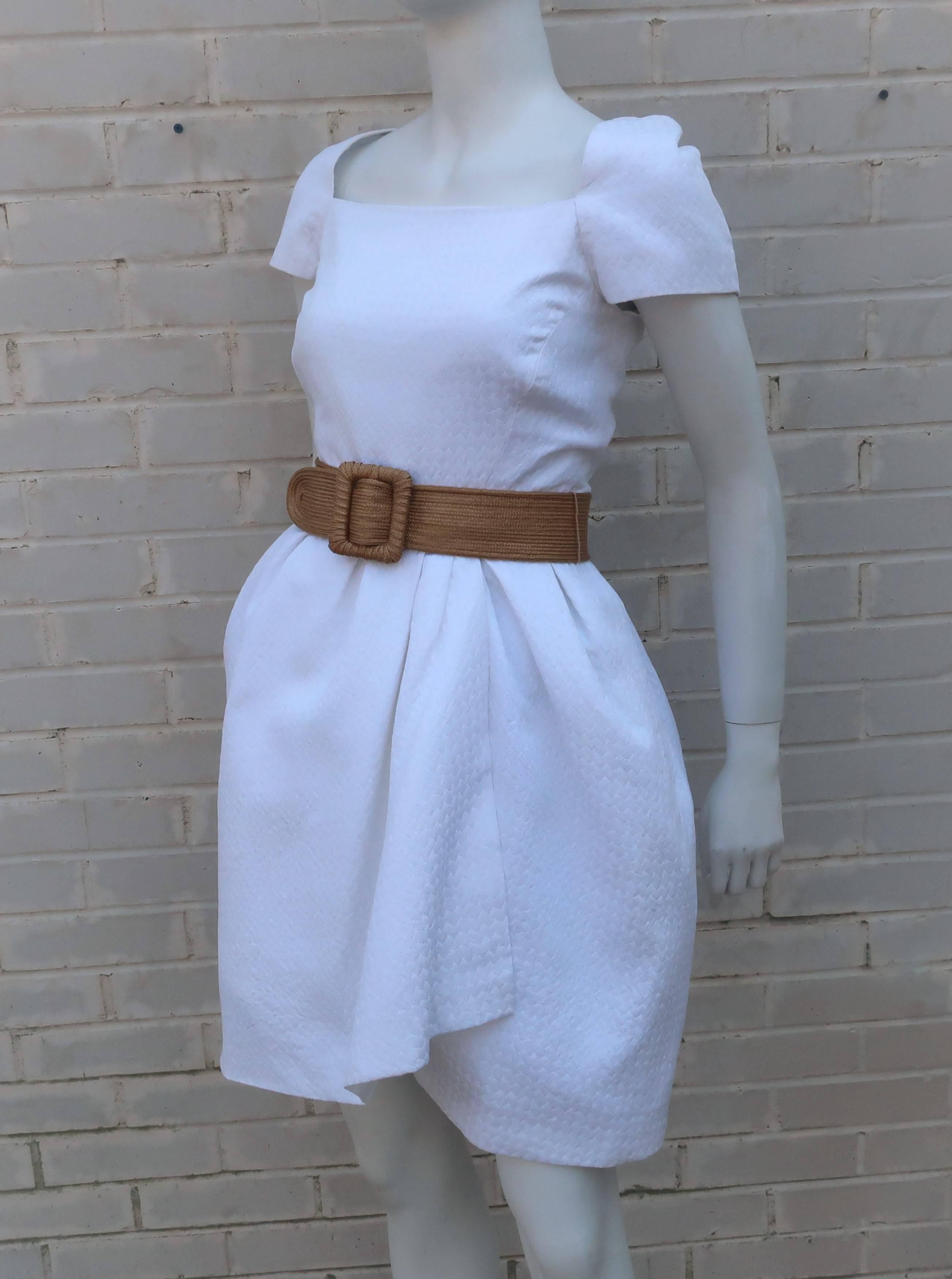 1980's Bill Blass White Pique Style Dress With Tulip Skirt Silhouette 2