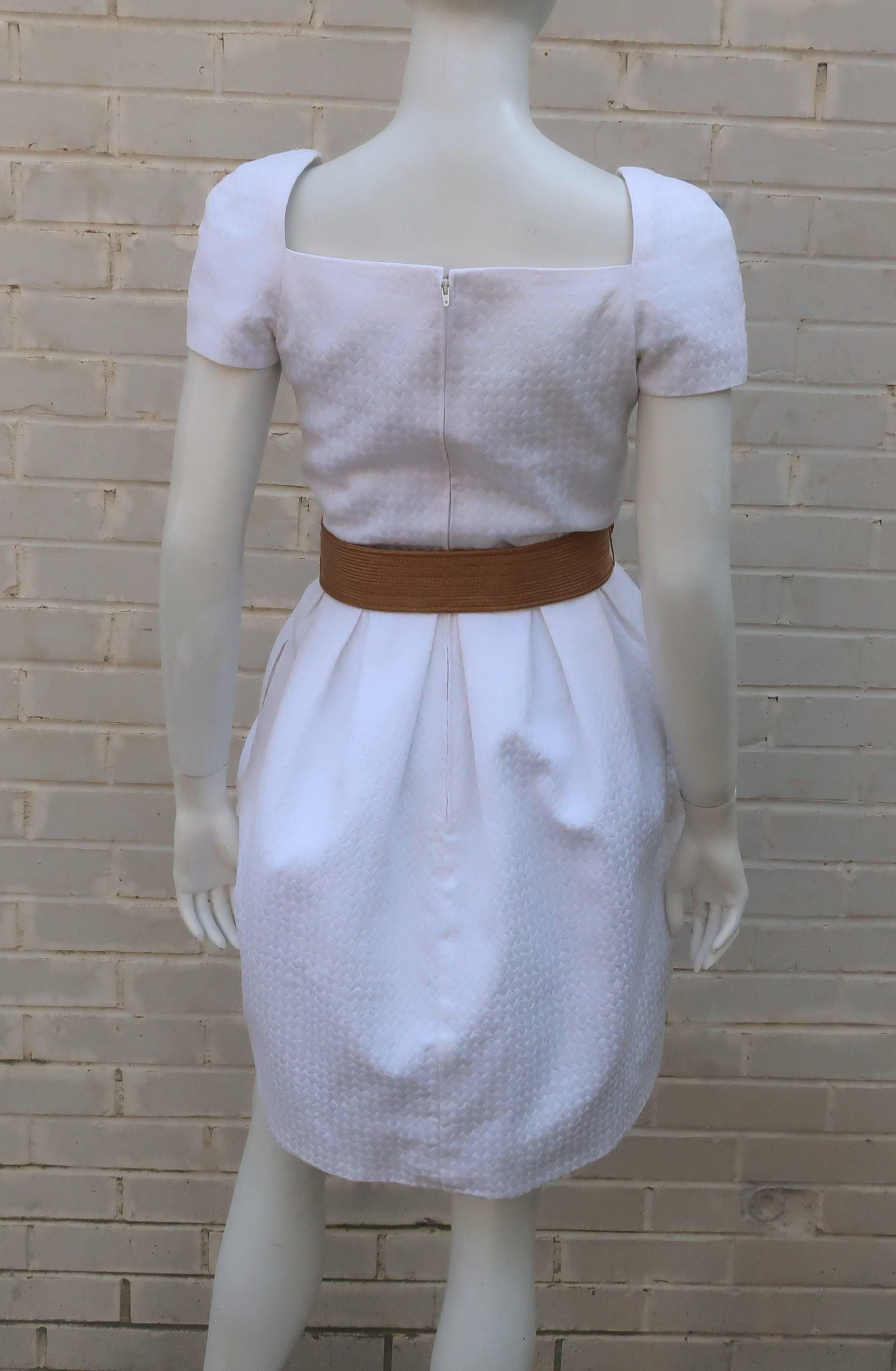 1980's Bill Blass White Pique Style Dress With Tulip Skirt Silhouette 4
