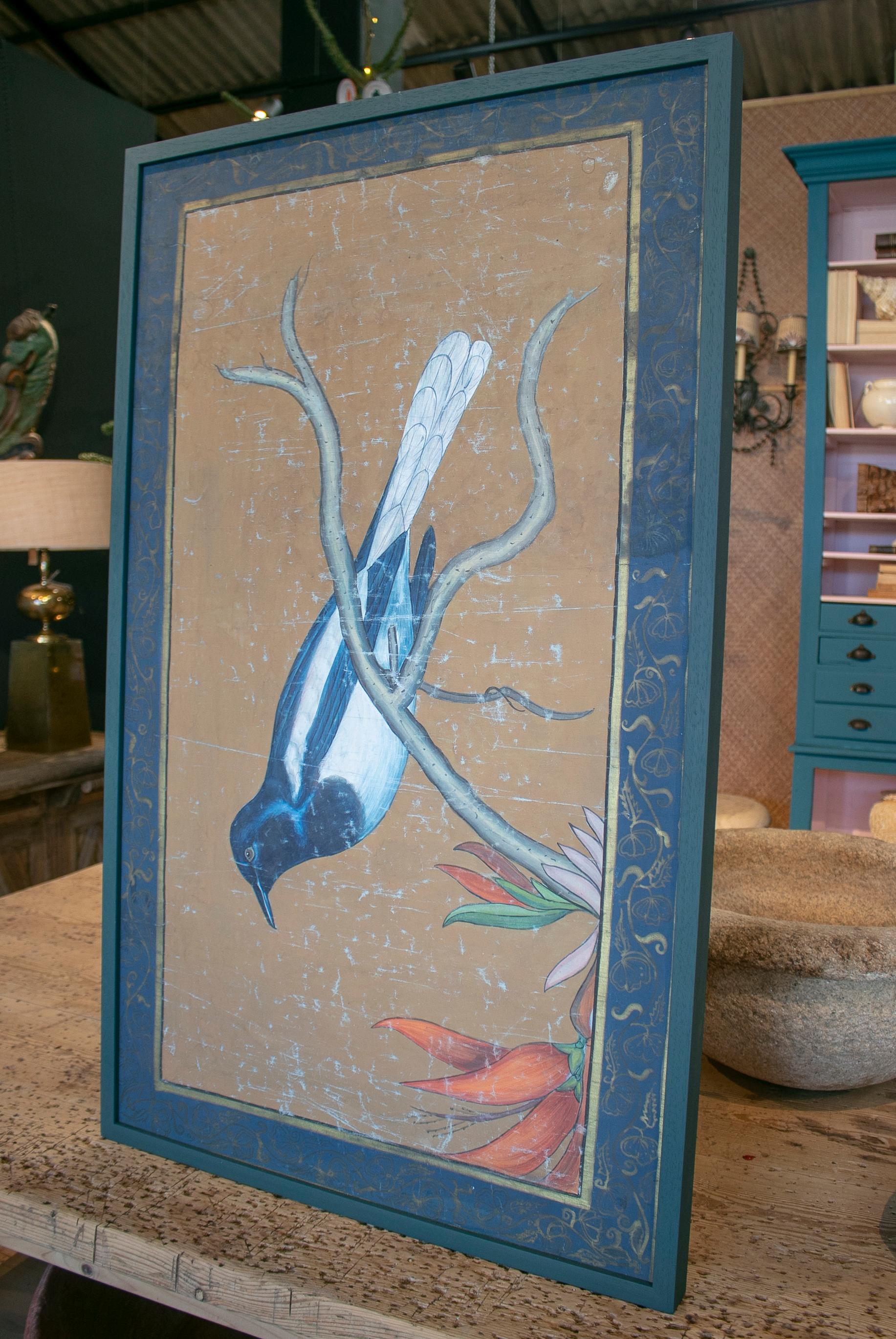 French 1980s Bird Painting on Cloth with Frame
