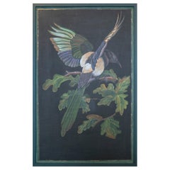 1980s Bird Painting on Cloth with Frame