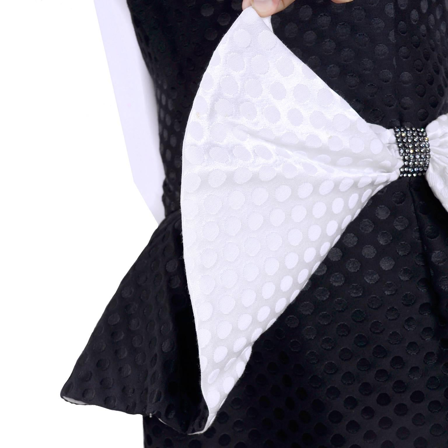 Black / White Polka Dot Dress With Rhinestone Embellished Bow and Peplum, 1980s  6