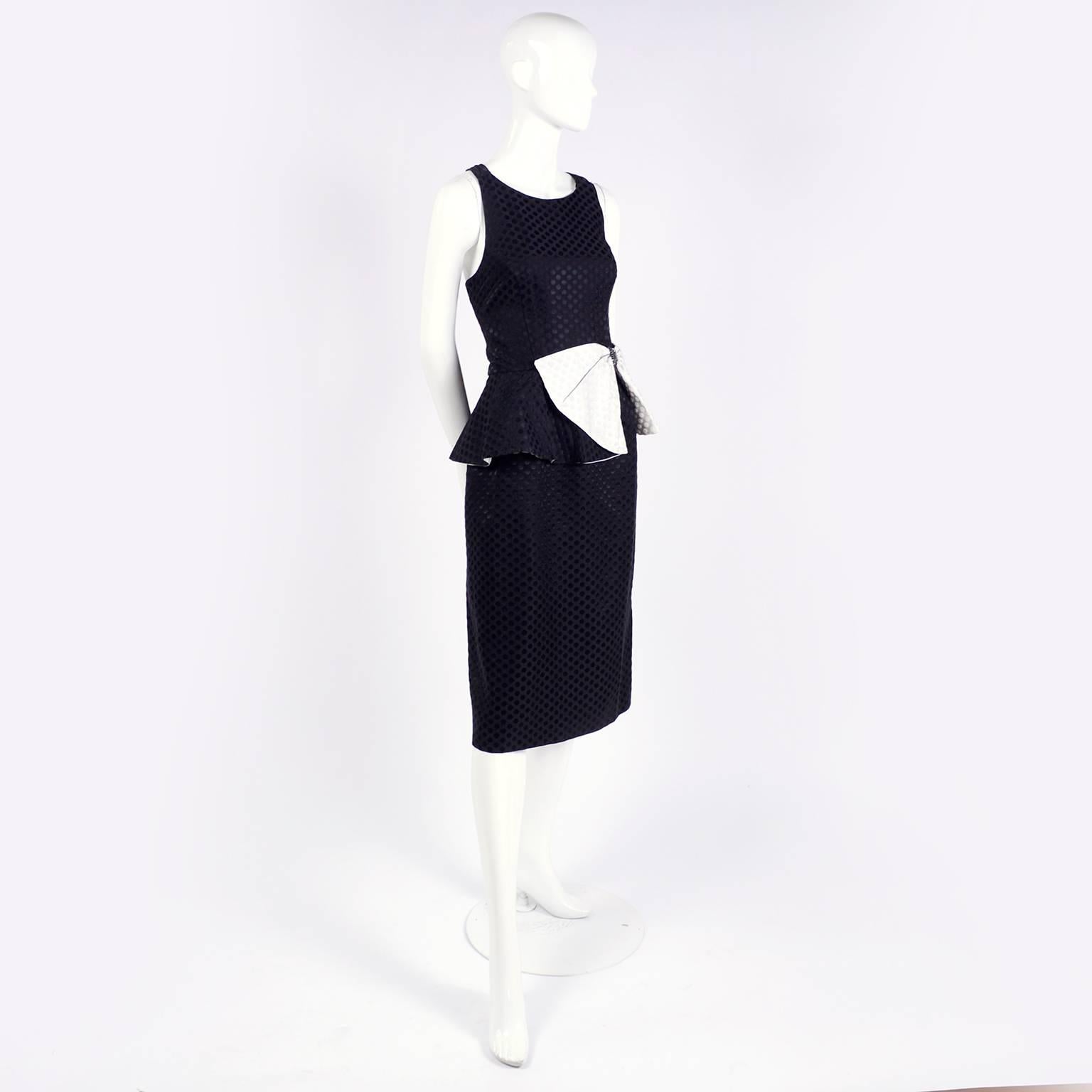 Black / White Polka Dot Dress With Rhinestone Embellished Bow and Peplum, 1980s  8