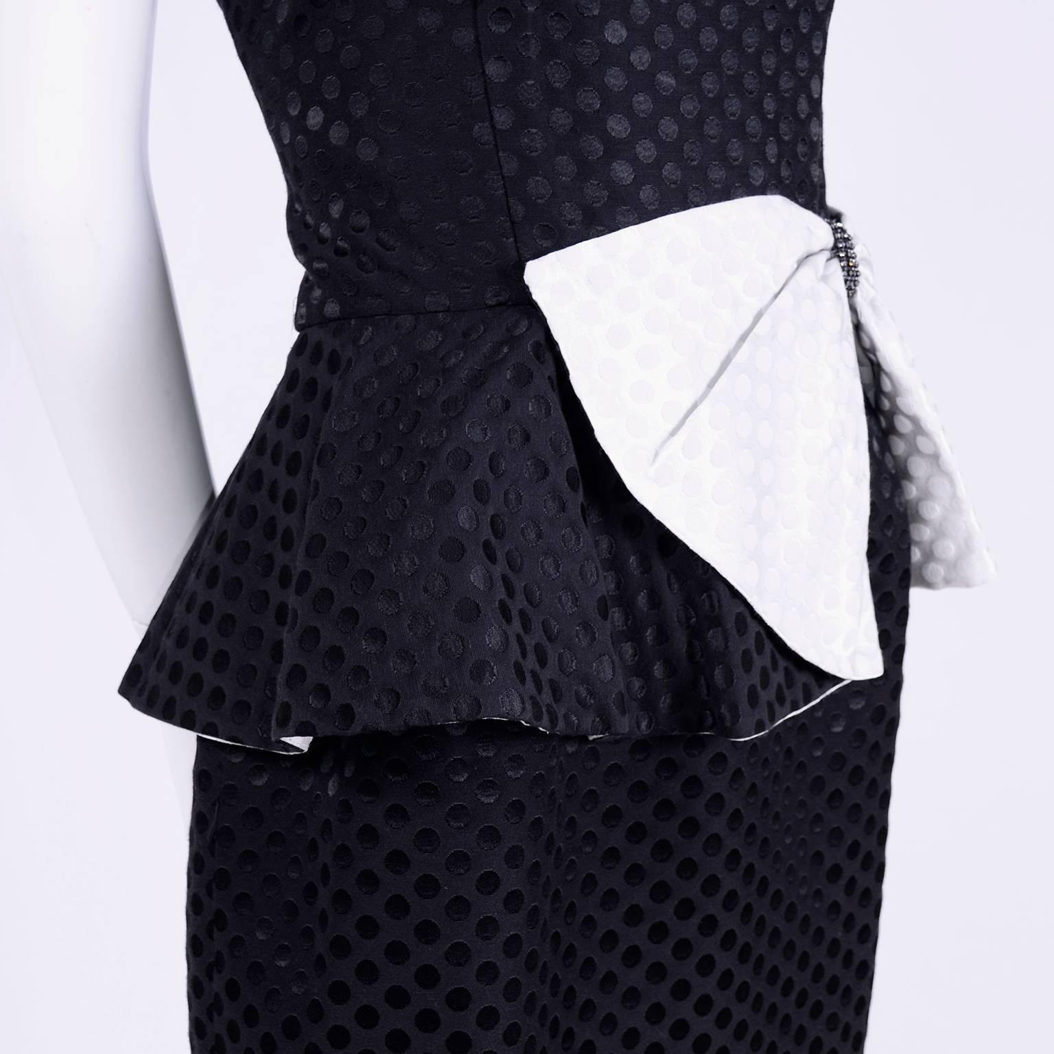 Women's Black / White Polka Dot Dress With Rhinestone Embellished Bow and Peplum, 1980s 