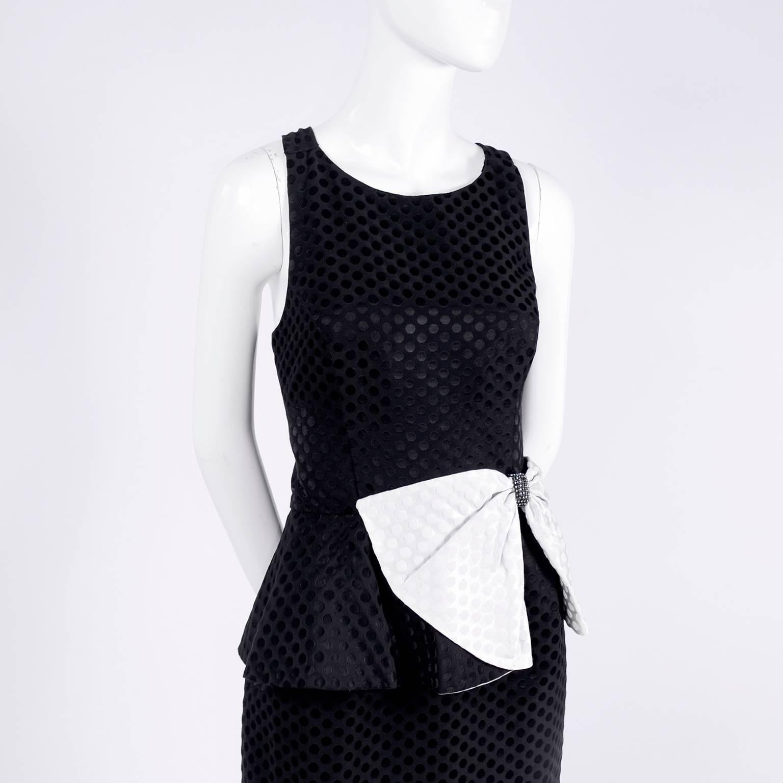 Black / White Polka Dot Dress With Rhinestone Embellished Bow and Peplum, 1980s  1