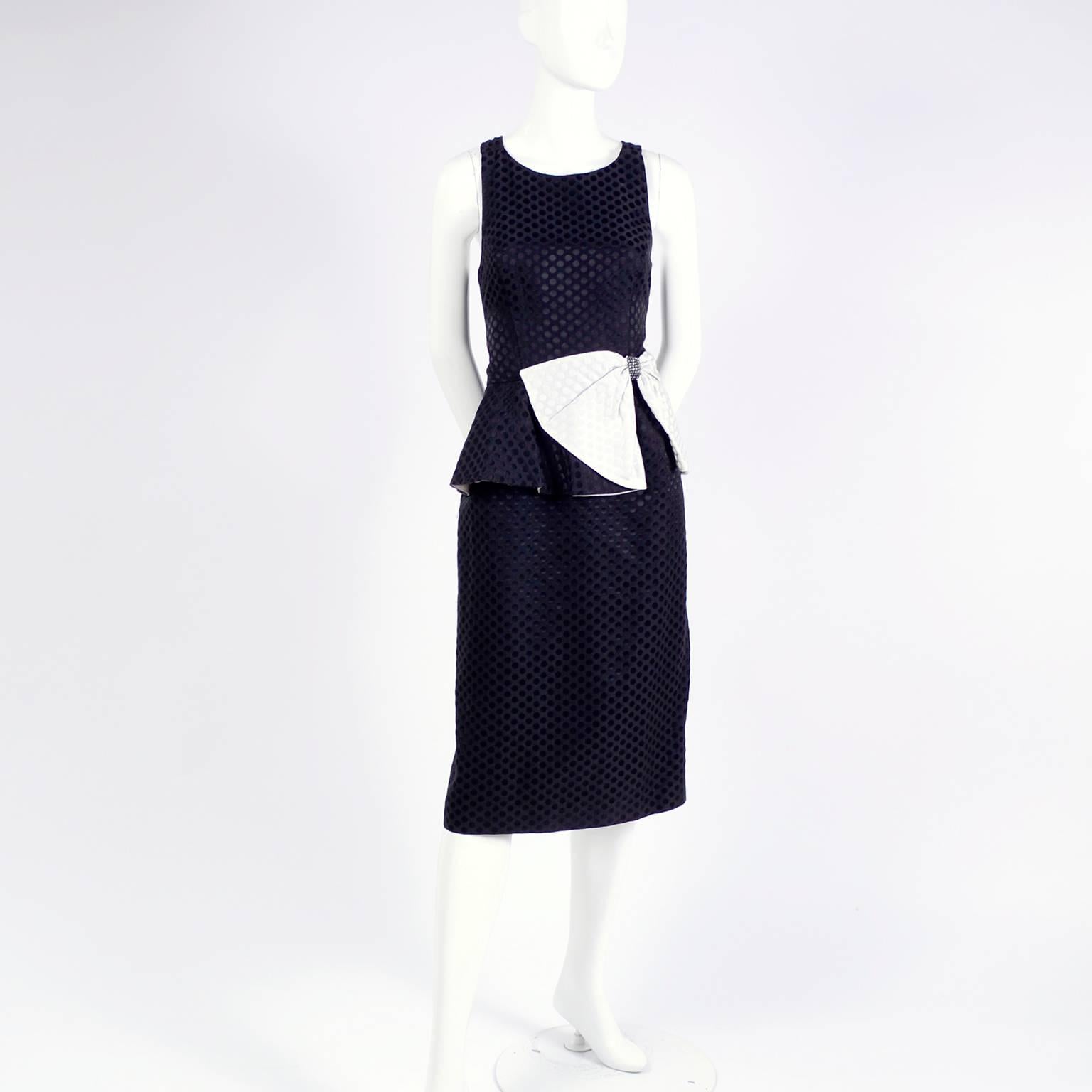 Black / White Polka Dot Dress With Rhinestone Embellished Bow and Peplum, 1980s  3