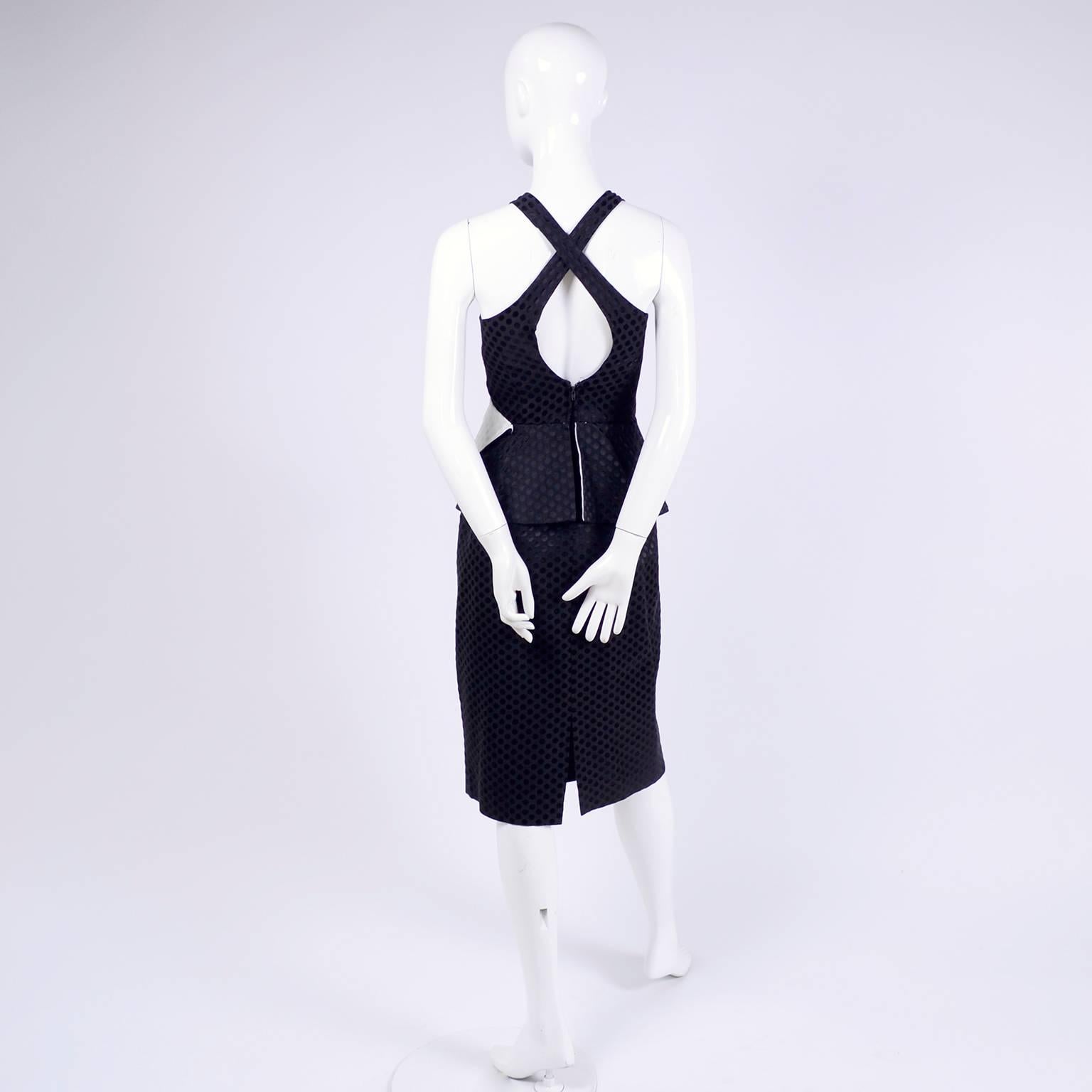 Black / White Polka Dot Dress With Rhinestone Embellished Bow and Peplum, 1980s  5