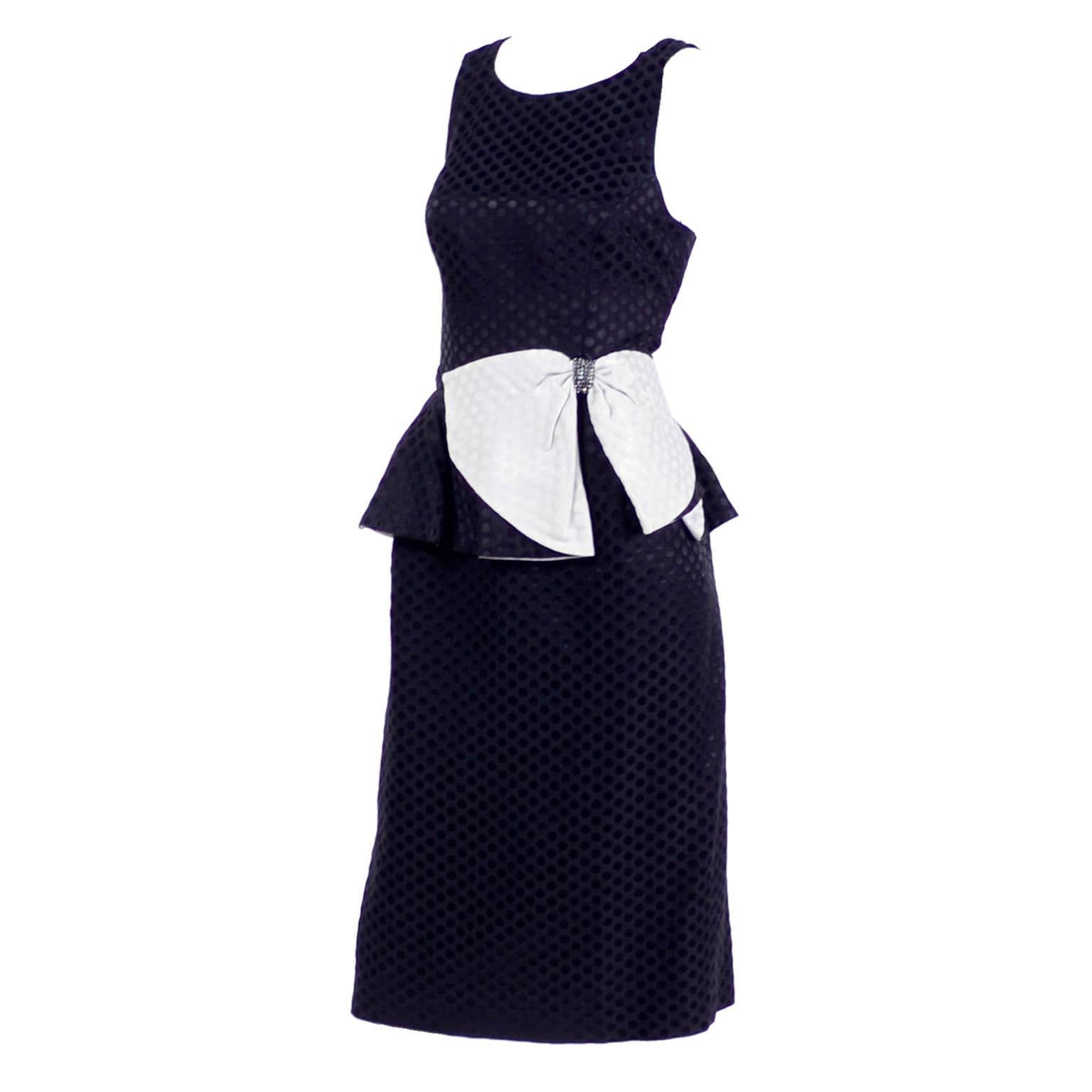 Black / White Polka Dot Dress With Rhinestone Embellished Bow and Peplum, 1980s 