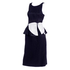 Black / White Polka Dot Dress With Rhinestone Embellished Bow and Peplum, 1980s