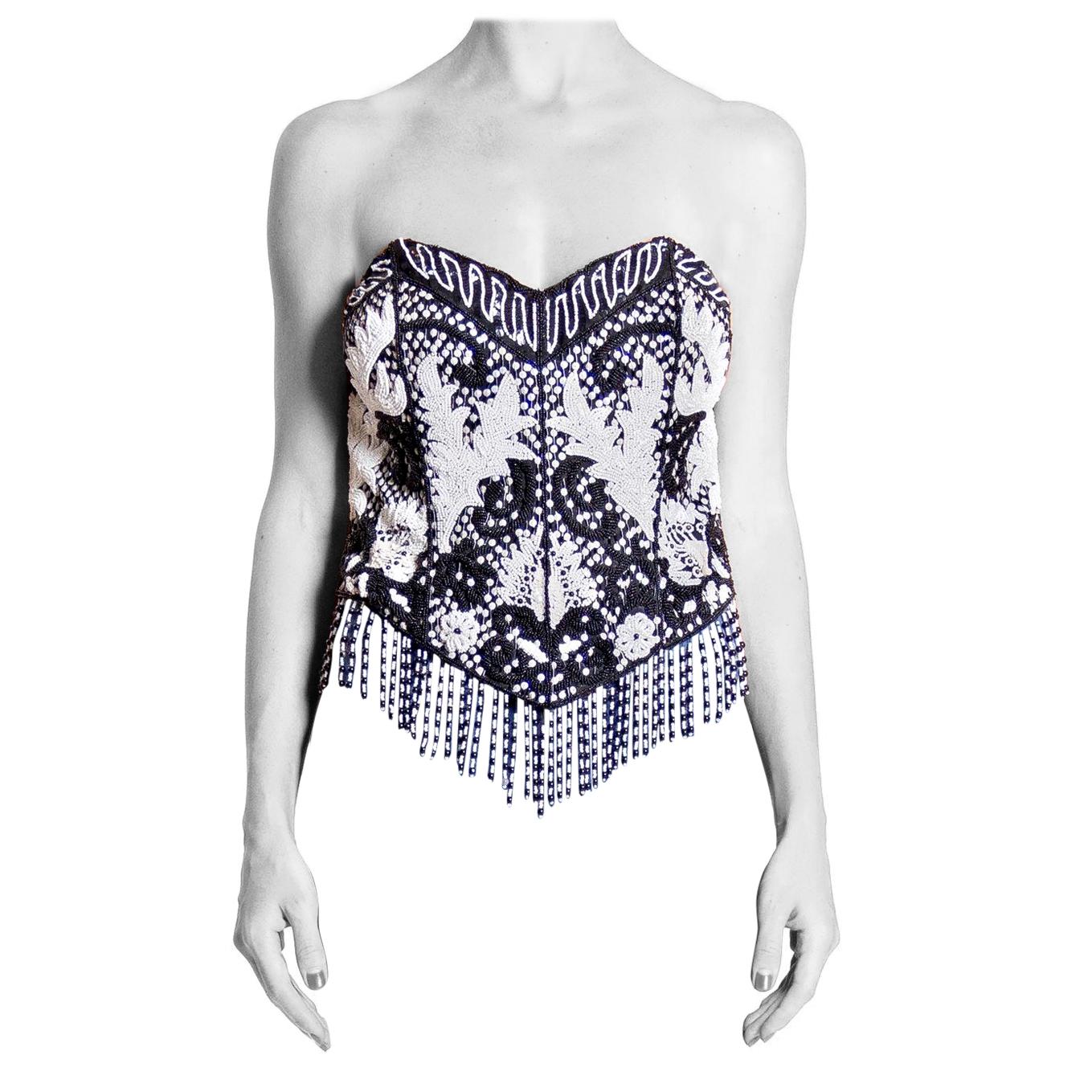 1980S Black & White Beaded Silk Poly Strapless Lace-Up Fringed Bustier Top