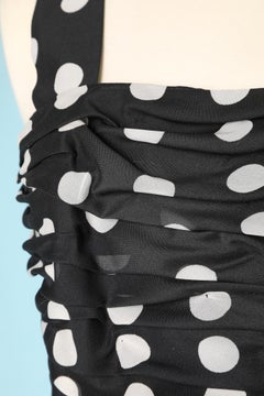 1980's black and white polka dots draped cocktail dress with ruffles