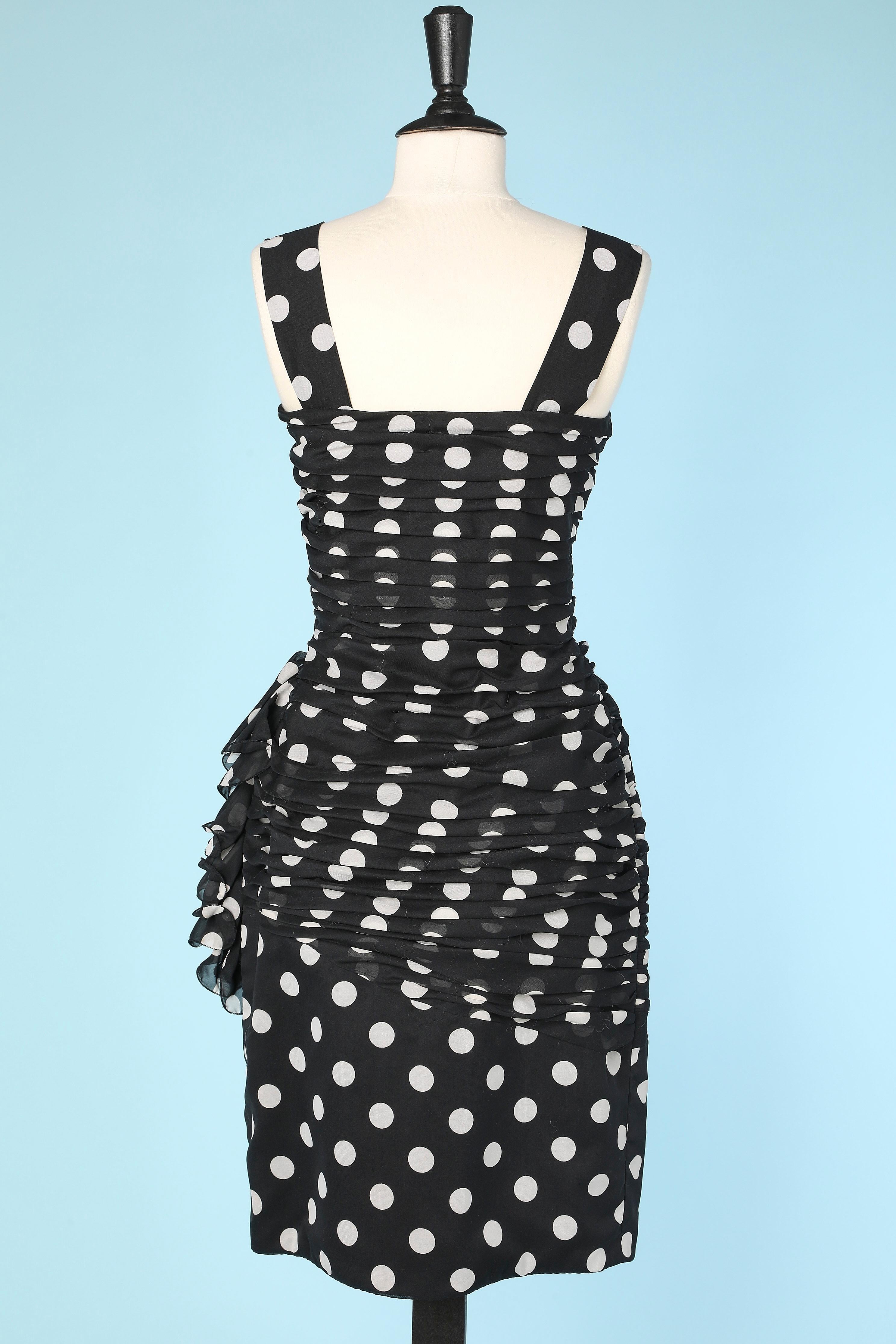 Women's 1980's black and white polka dots draped cocktail dress with ruffles  For Sale