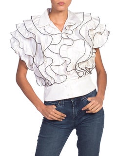 1980's Black & White Taffeta Ruffle Blouse Top