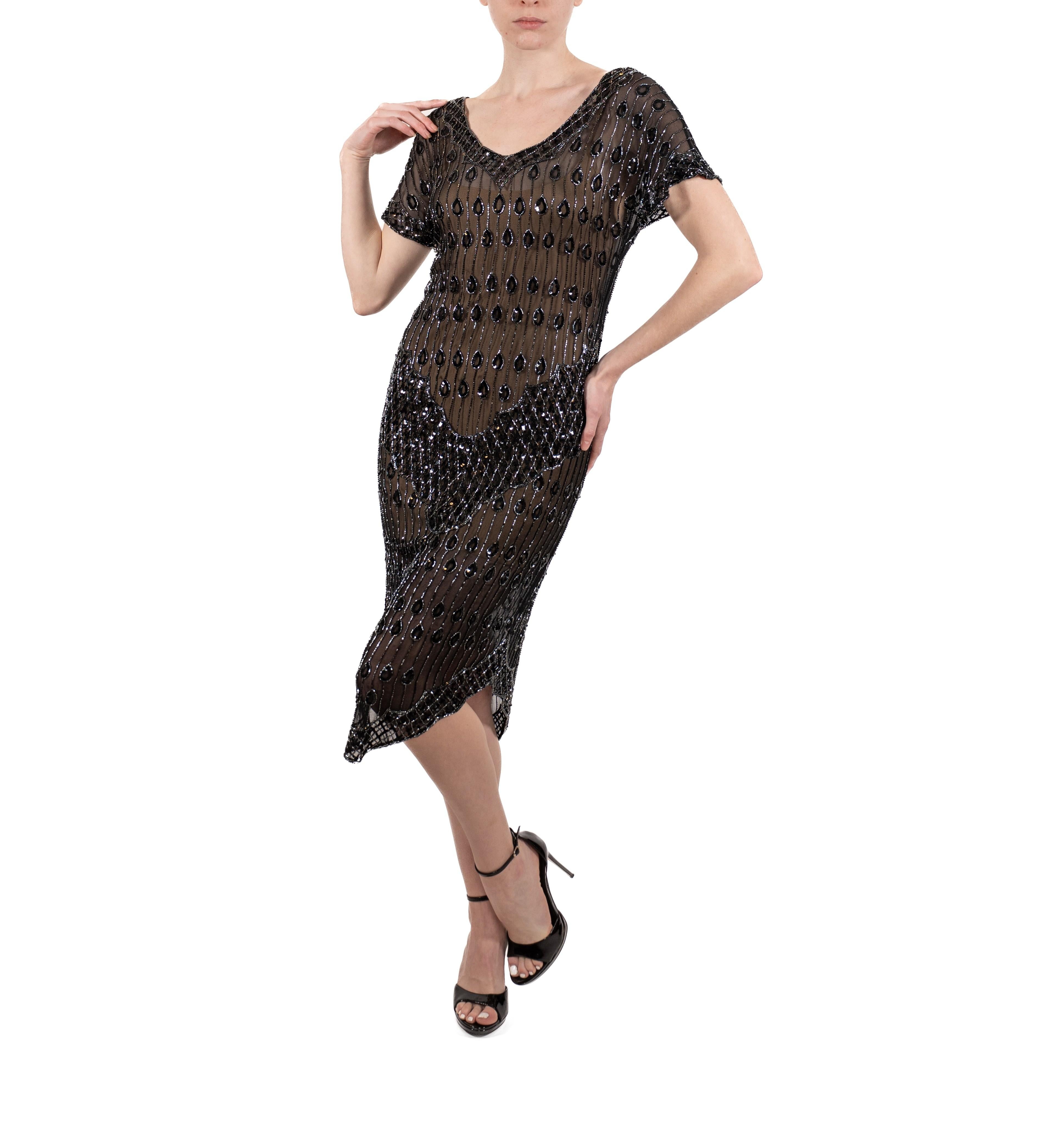 1980S Black Beaded Silk Chiffon Flapper 1920S Style Cocktail Dress 1