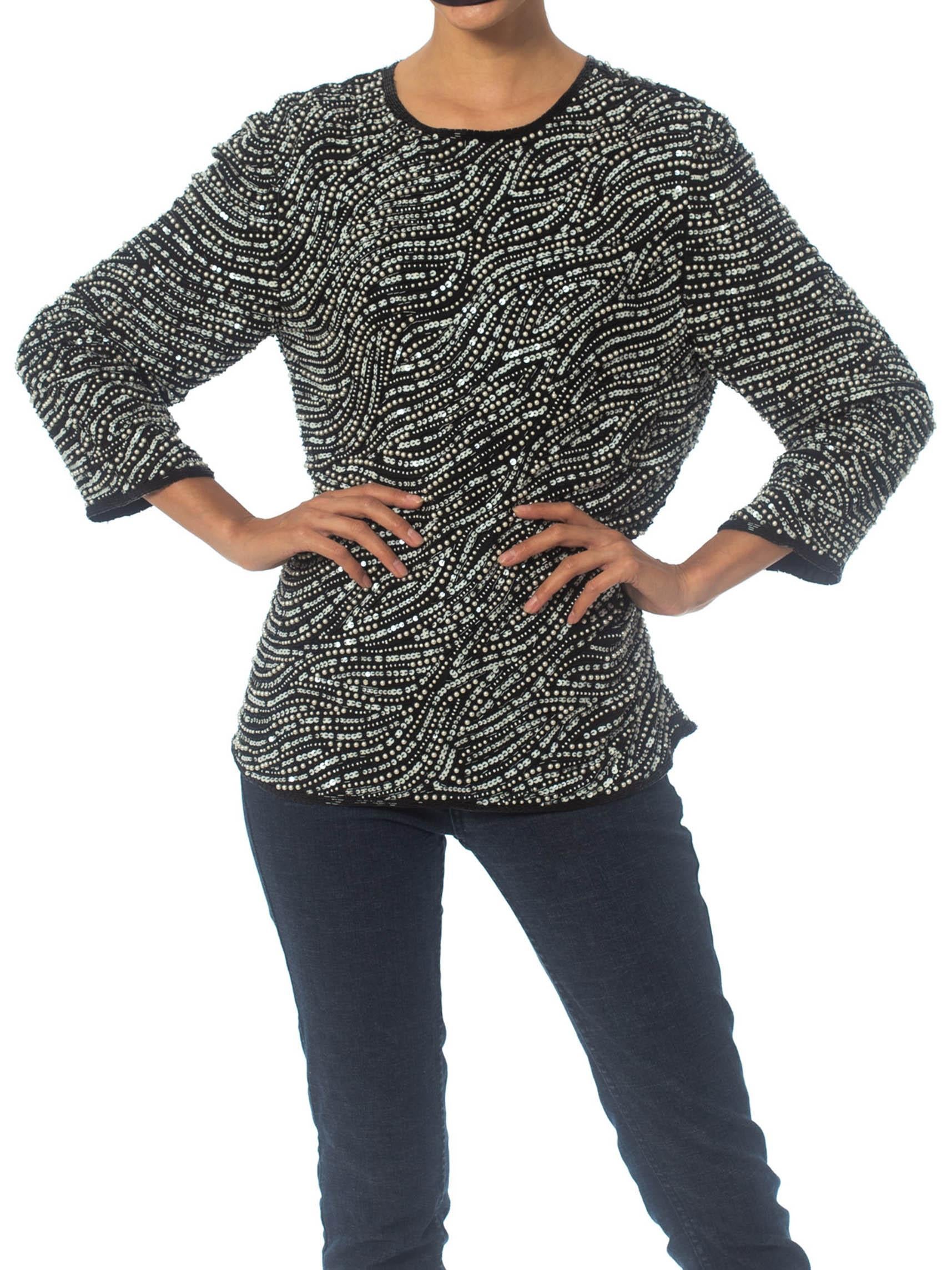 1980S Black Beaded Silk Oversized Long Sleeve Top With Grey Sequins & Pearls For Sale 2